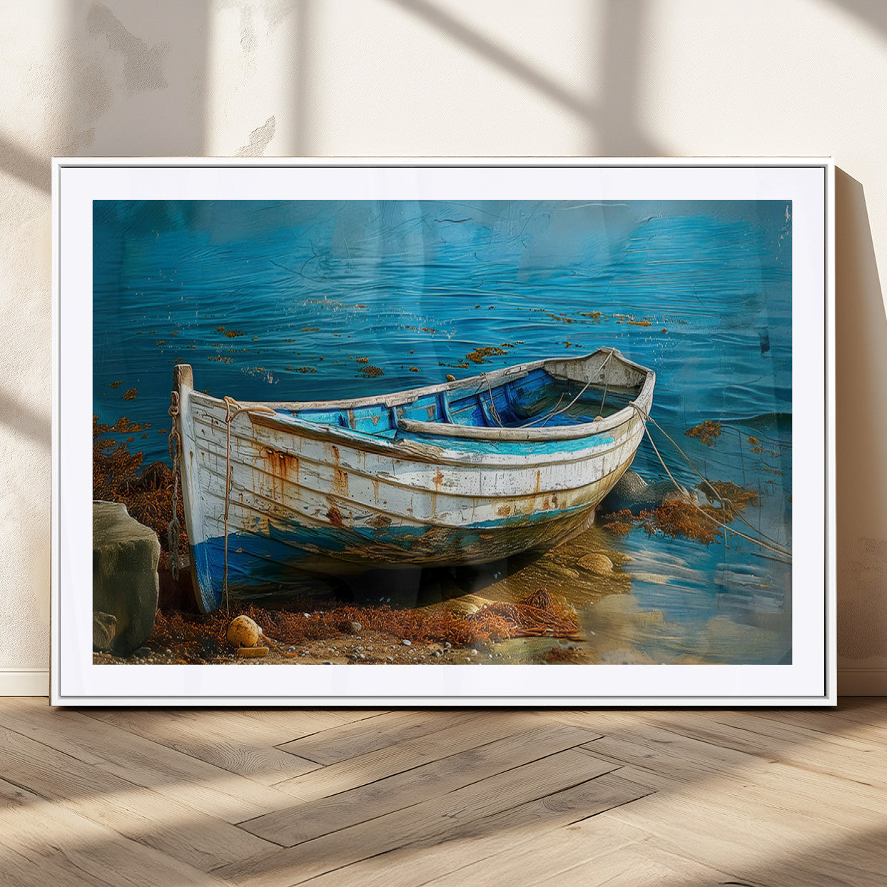 54716-MGV-CV-36X24-Vintage Boat on Tranquil Waters | Coastal Wall Art for Nautical Decor | Rustic Triptych Canvas Print