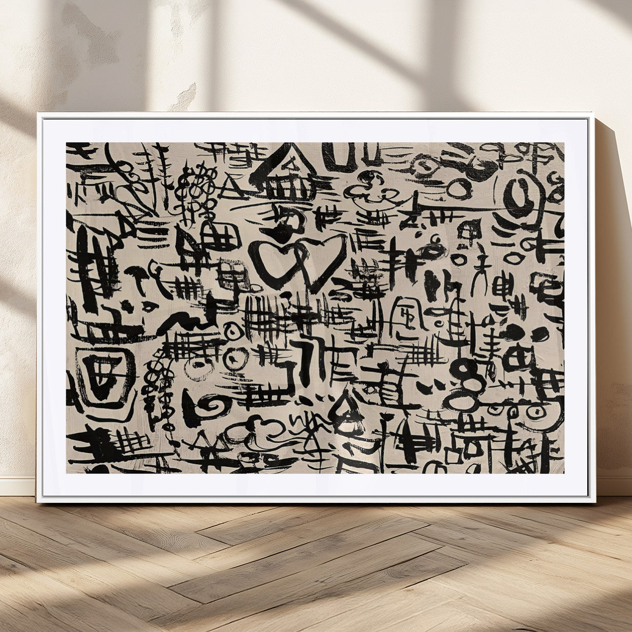 68273-MGC-FP-36x24 - Abstract Love and Chaos Canvas Print, Black Symbols on Beige