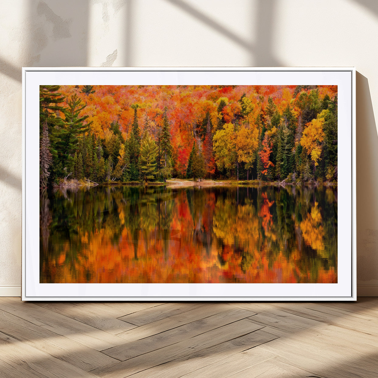 75397-MGC-FP-36x24_White-Forest Reflection Art | Autumn Forest Reflection Wall Art | Triptych Canvas Print | Vibrant Fall