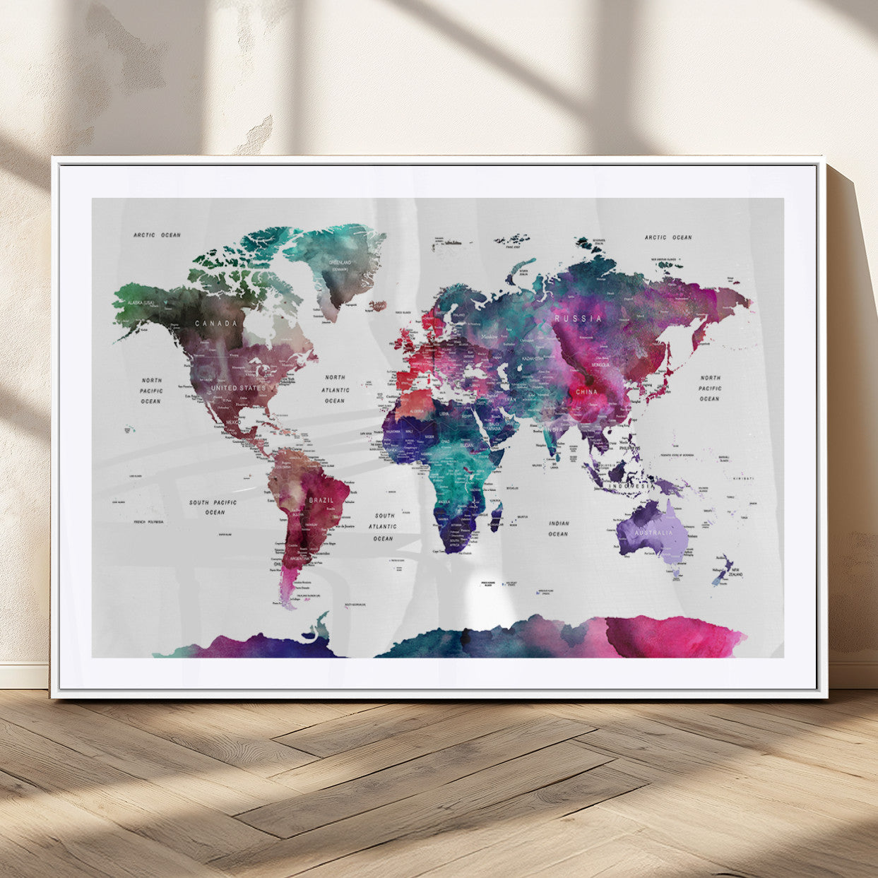 78176-MGC-FP-36x24_White-Colorful Watercolor World Map Canvas Wall Art – Framed Modern Map Print, Vibrant Travel Inspired Artwork for Home and Office Decor