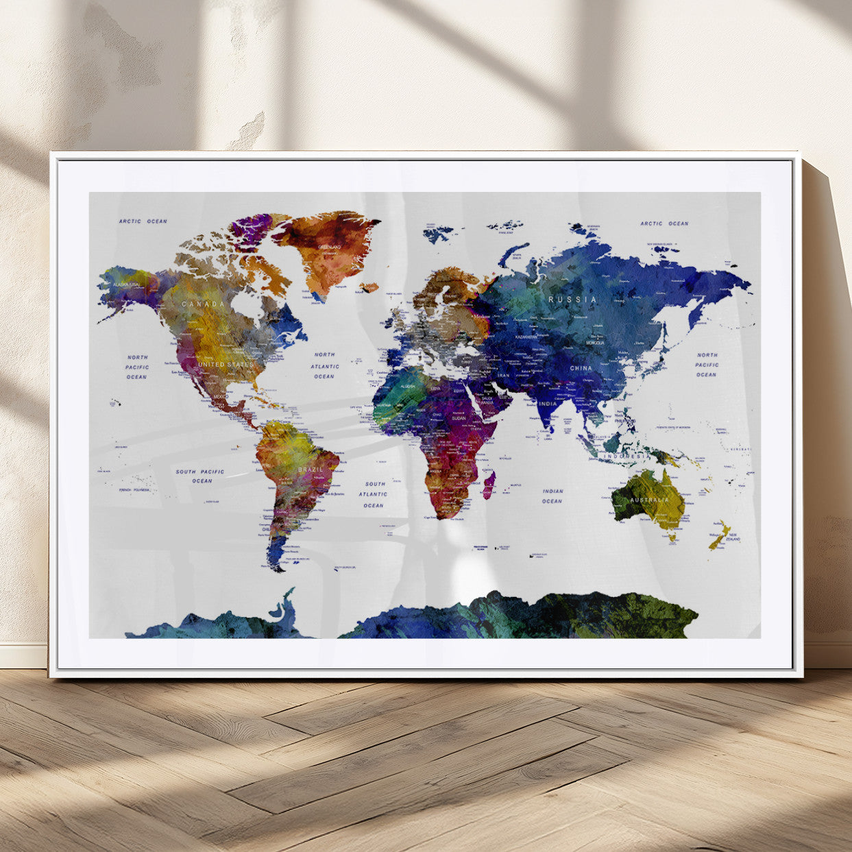 90446-MGV-CV-36X24-Colorful Watercolor World Map Canvas Wall Art – Framed Modern Push Pin Travel Map for Home and Office Decor