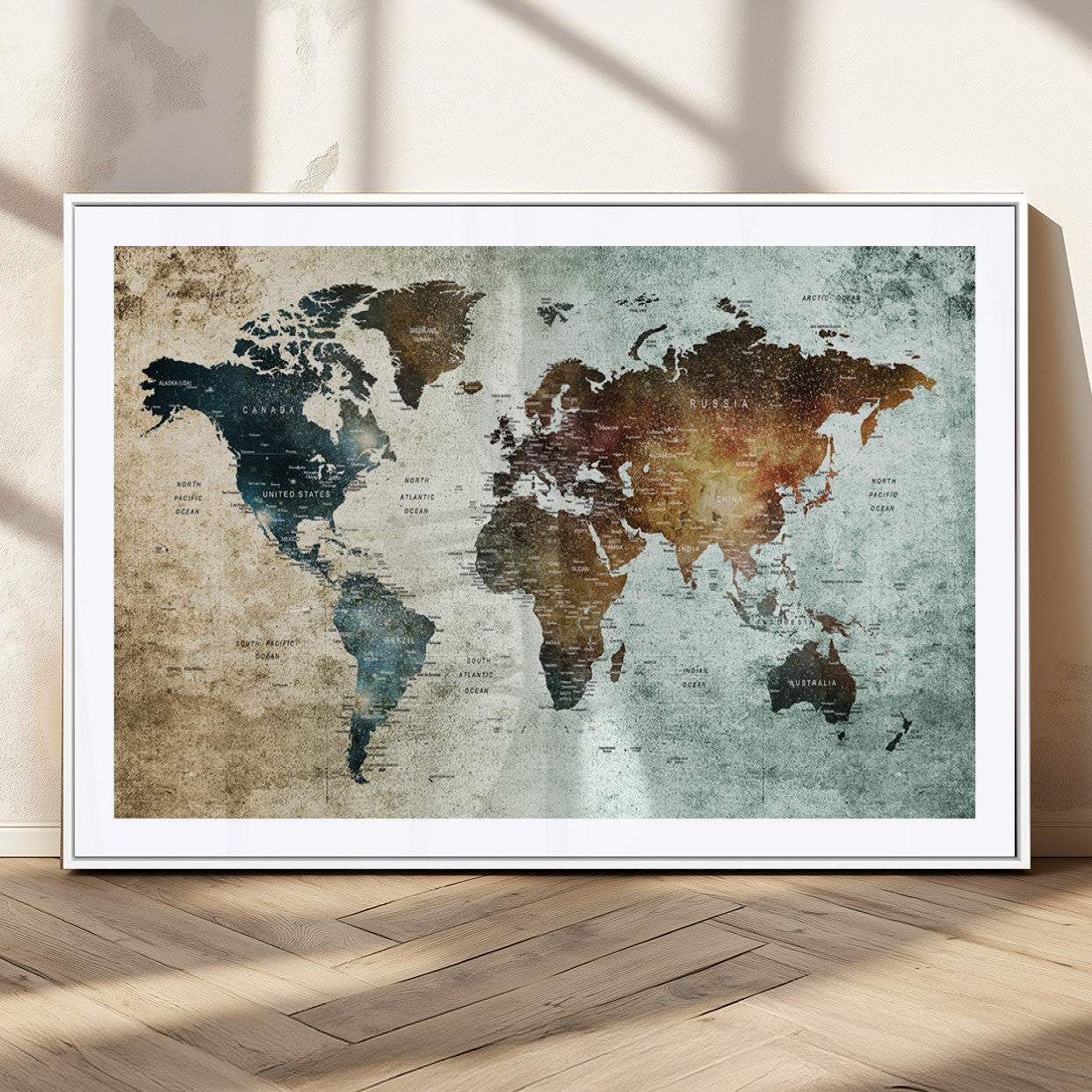 25140-MGC-FP-36x24_White-World Map Canvas Print – Framed Vintage Style Push Pin Wall Art, Elegant Travel Map Decor for Home or Office
