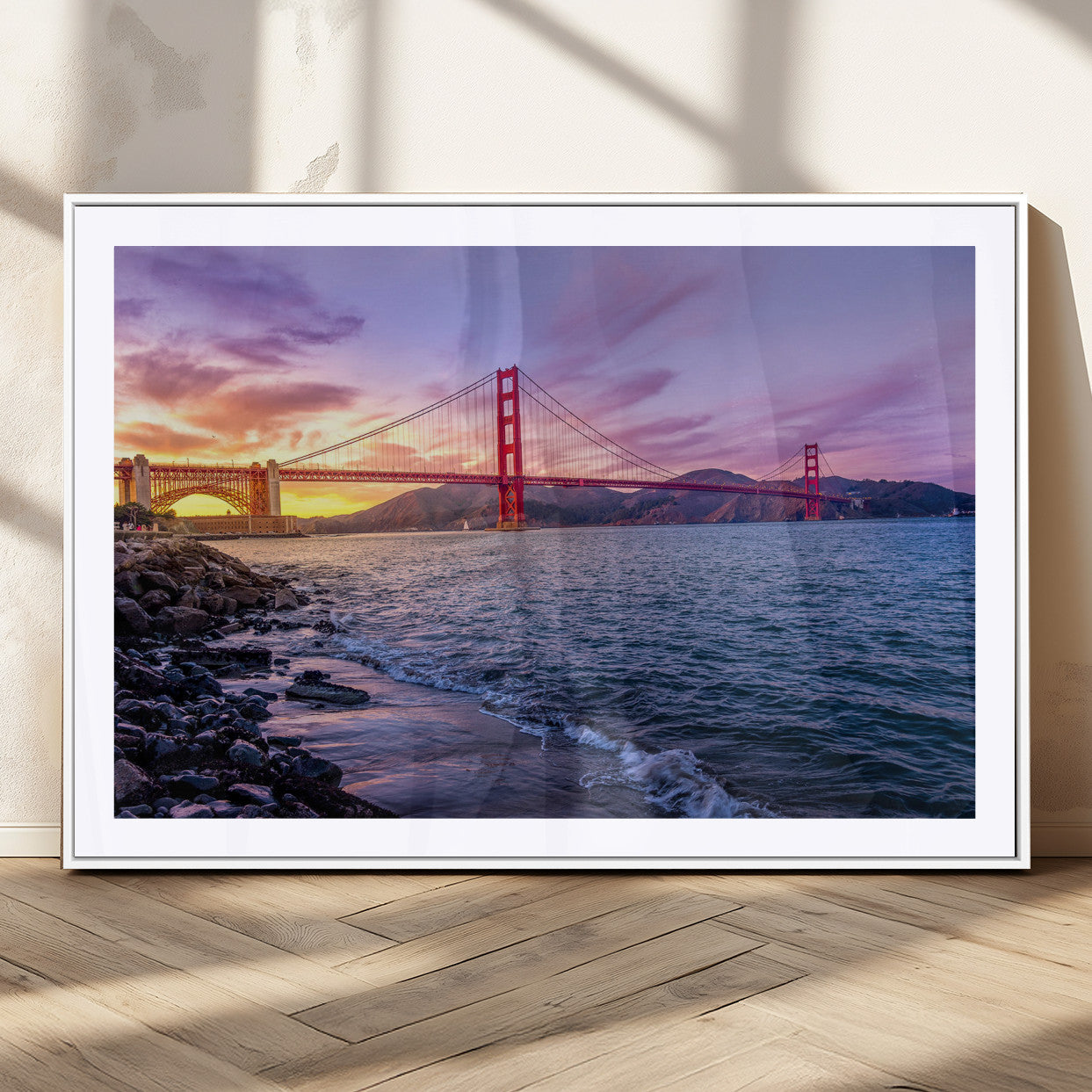 24256-MGC-FP-36x24_White-Golden Gate Bridge Wall Art Canvas Print – Framed San Francisco Sunset Scene with Cityscape Artwork for Home, Office