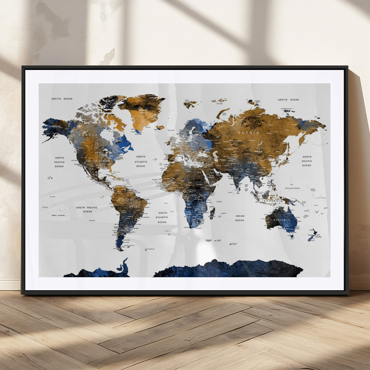 56231-MGC-FP-36x24_Black-Navy and Gold World Map Canvas Wall Art – Framed Modern World Map Print, Elegant Travel Inspired Artwork for Home and Office Decor