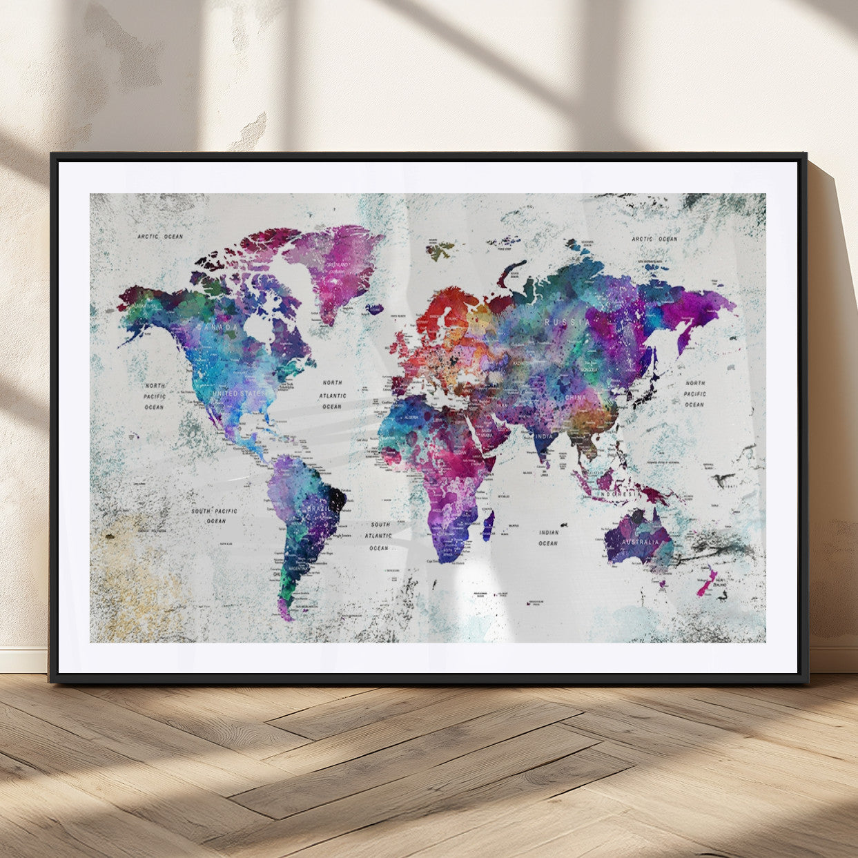73735-MGC-FP-36x24_Black-Push Pin World Map Canvas Print – Framed Travel Map Wall Art for Couples, Anniversary Gift, Modern Home or Office Decor