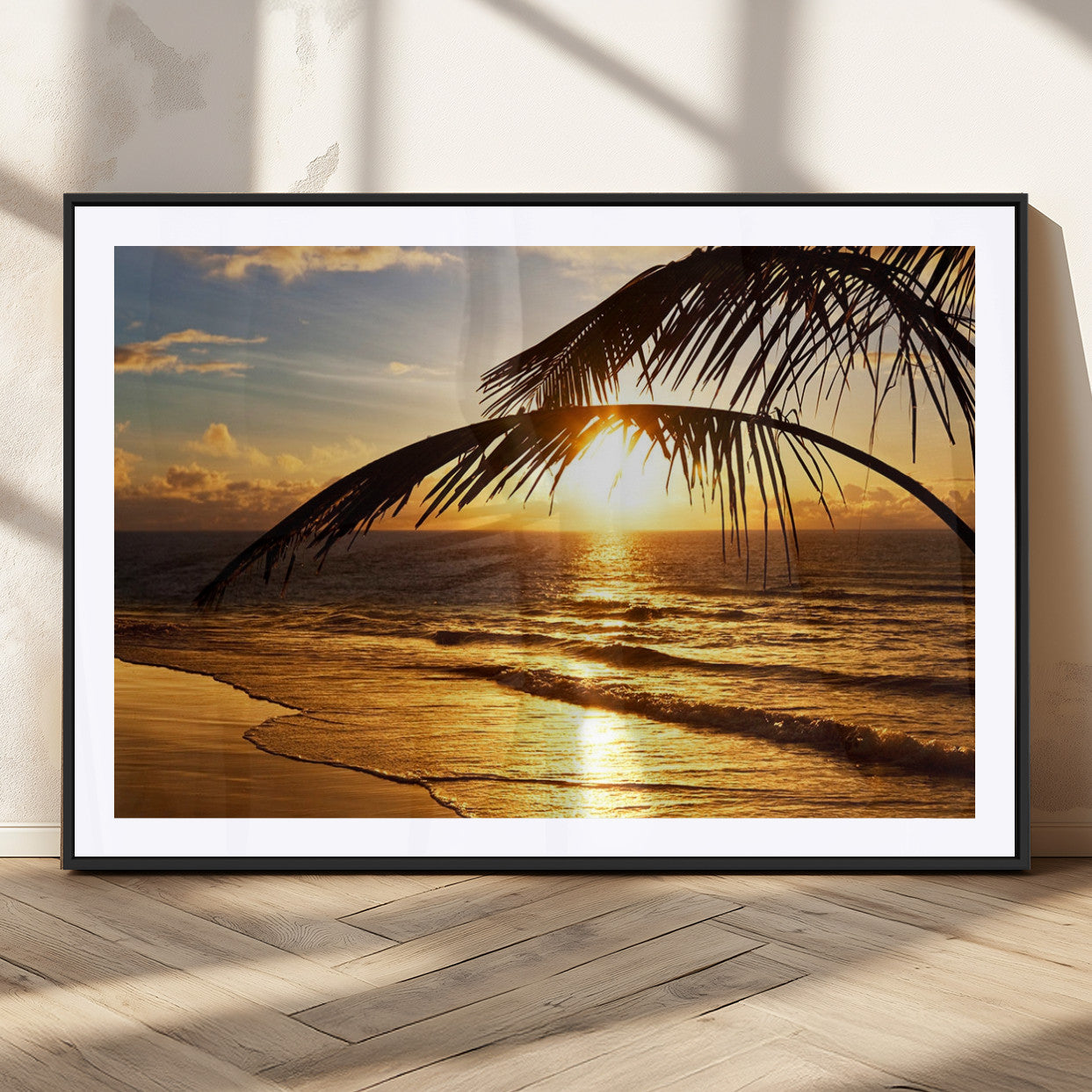 41507-MGC-FP-36x24_Black-Golden Tropical Beach Sunset Canvas Triptych, Coastal Palm Tree Wall Art, Ocean Shoreline Giclee