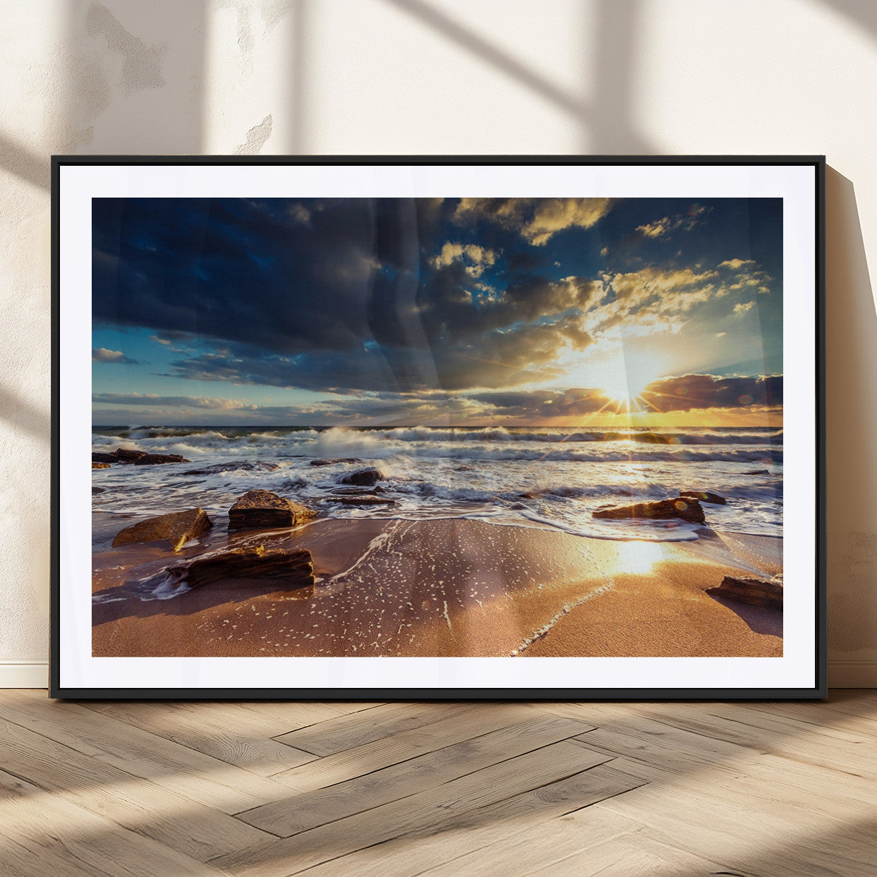 44481-MGC-FP-36x24_Black-Golden Hour Beach Sunset Canvas Triptych, Ocean Waves and Rocks Wall Art for Coastal Home Decor