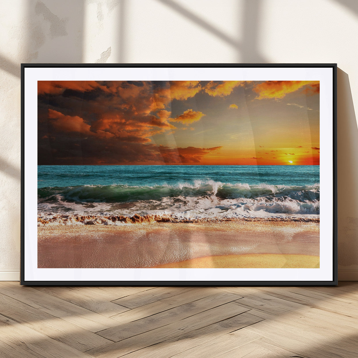 72948-MGC-FP-36x24_Black-Golden Sunset Beach Canvas Wall Art – Triptych Seascape Print – Framed and Ready to Hang for Living
