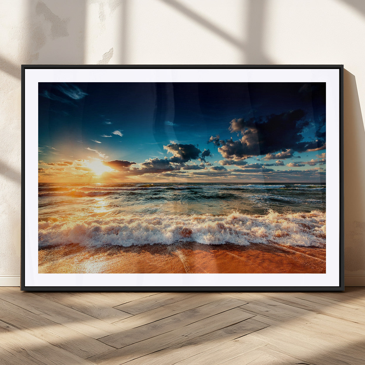 26996-MGC-FP-36x24_Black-Golden Hour Sunset Over Ocean Waves Wall Art Canvas Print | 3 Panel Coastal Landscape Canvas Wall