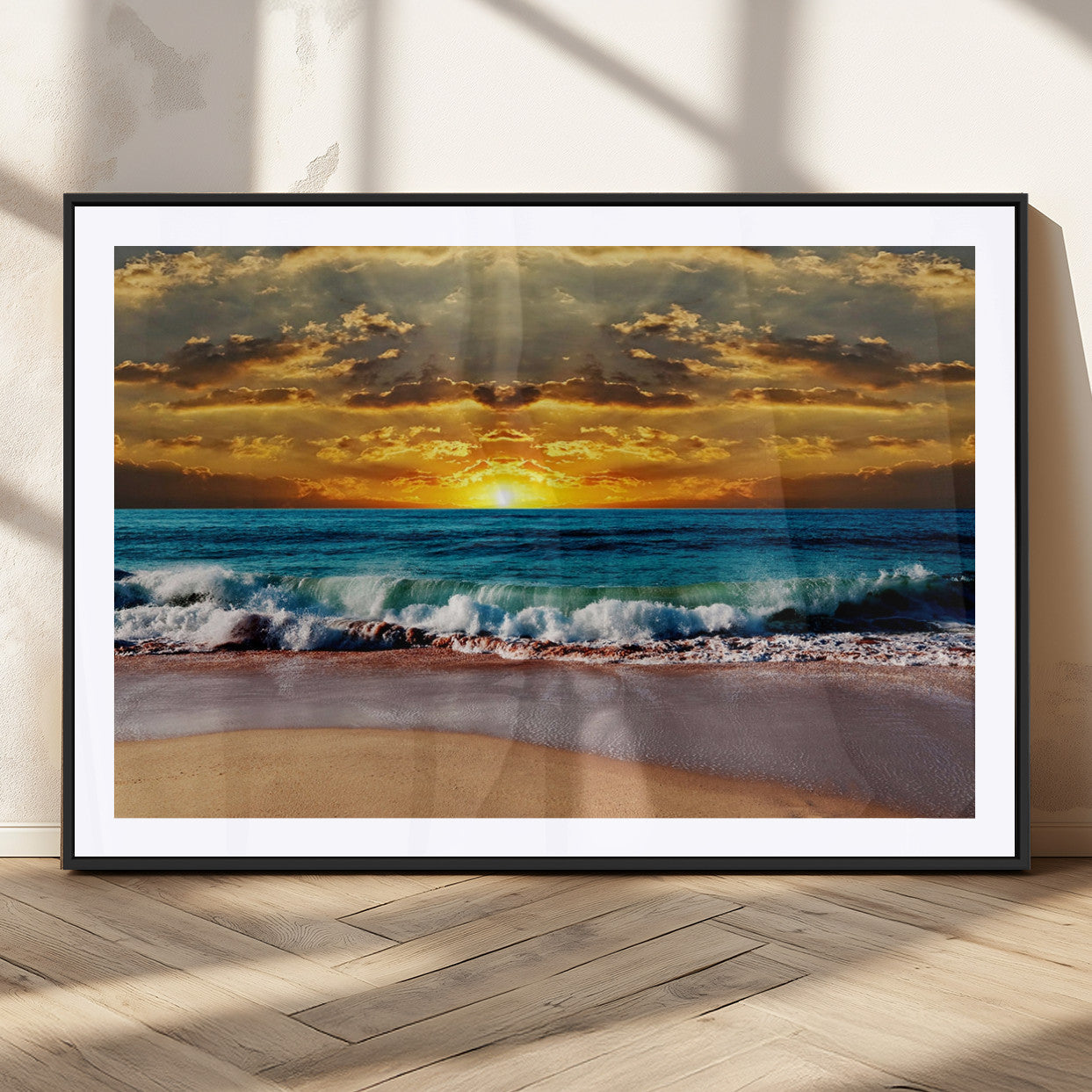 83389-MGC-FP-36x24_Black-Ocean Sunrise Over Golden Beach Waves, Giclee Canvas Wall Art Set, High-Quality Stretched Canvas