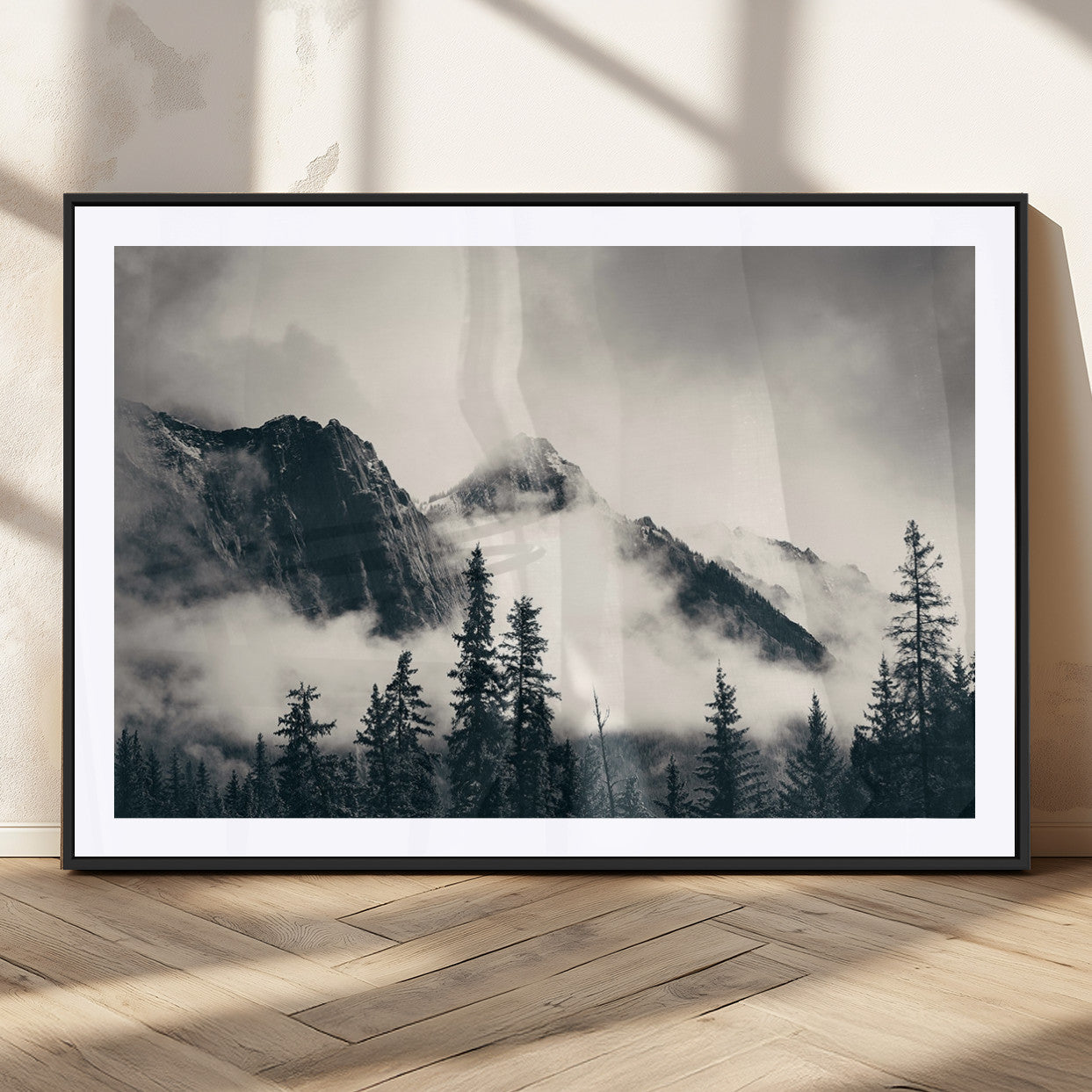 59517-MGC-FP-36x24_Black-Forest Mountain Print - Black and White Canvas Wall Art with Misty Forest Design for Elegant and