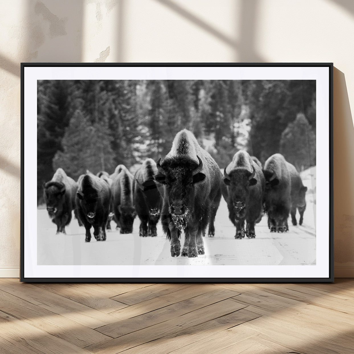 62434-MGC-FP-36x24_Black-Bison Herd in Snow Wall Art Canvas Print | Rustic Western Bison Wall Art for Decor for Living Room,
