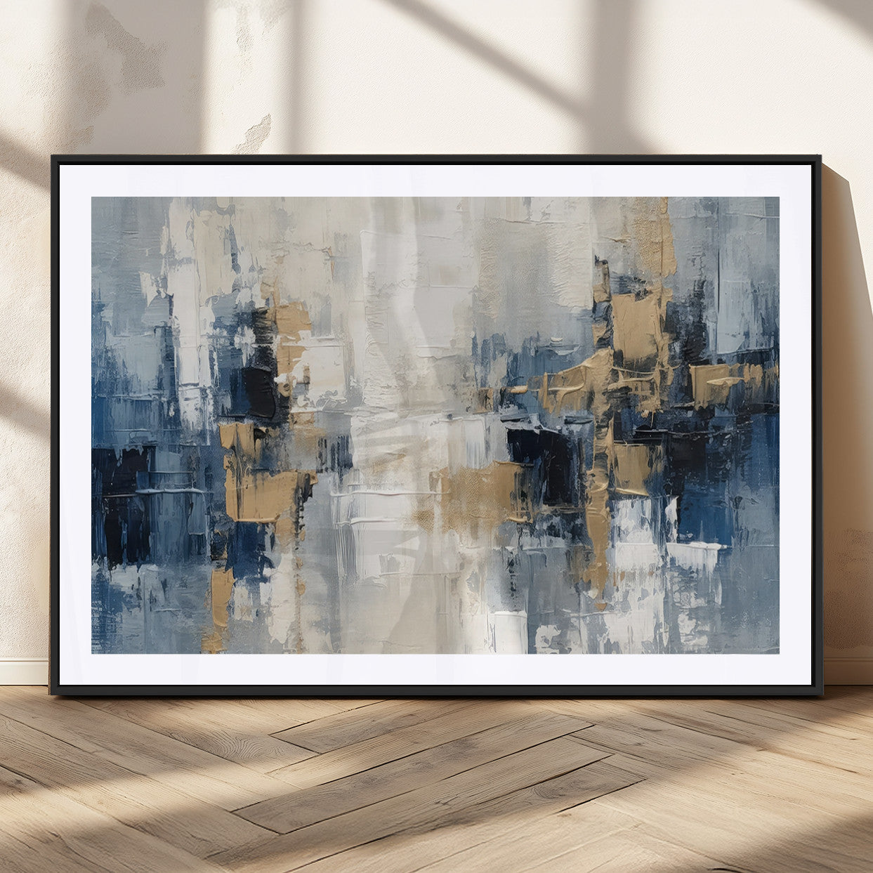 44344-MGC-FP-36x24_Black-Modern Abstract Canvas Wall Art in Blue and Gold Tones | Large Contemporary Art for Living Room,
