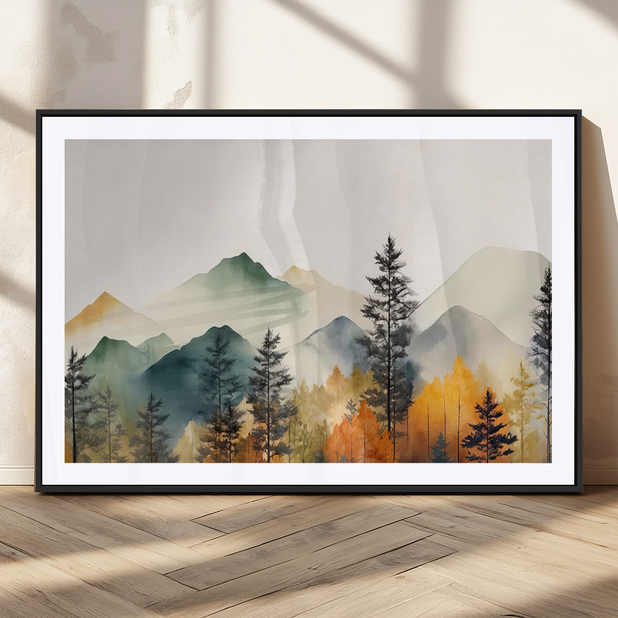 25689-MGC-FP-36x24_Black-Abstract Watercolor Mountains and Trees Autumn Wall Art, Mountains and Trees Autumn Wall Art Canvas