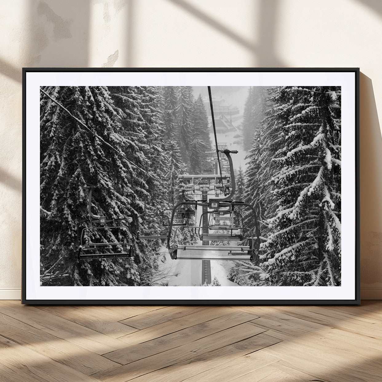 19240-MGC-FP-36x24_Black-Winter Ski Lift Black and White Canvas Wall Art – Alpine Escape in Minimalist Style – Winter Ski