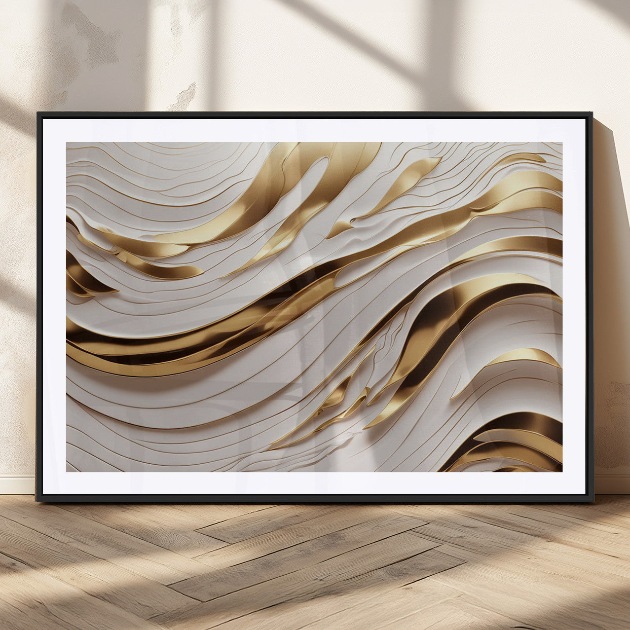 81197-MGC-FP-36x24_Black-Gold and White Abstract Wave Canvas – Elegant Flowing Design with Luxurious Golden Accents –