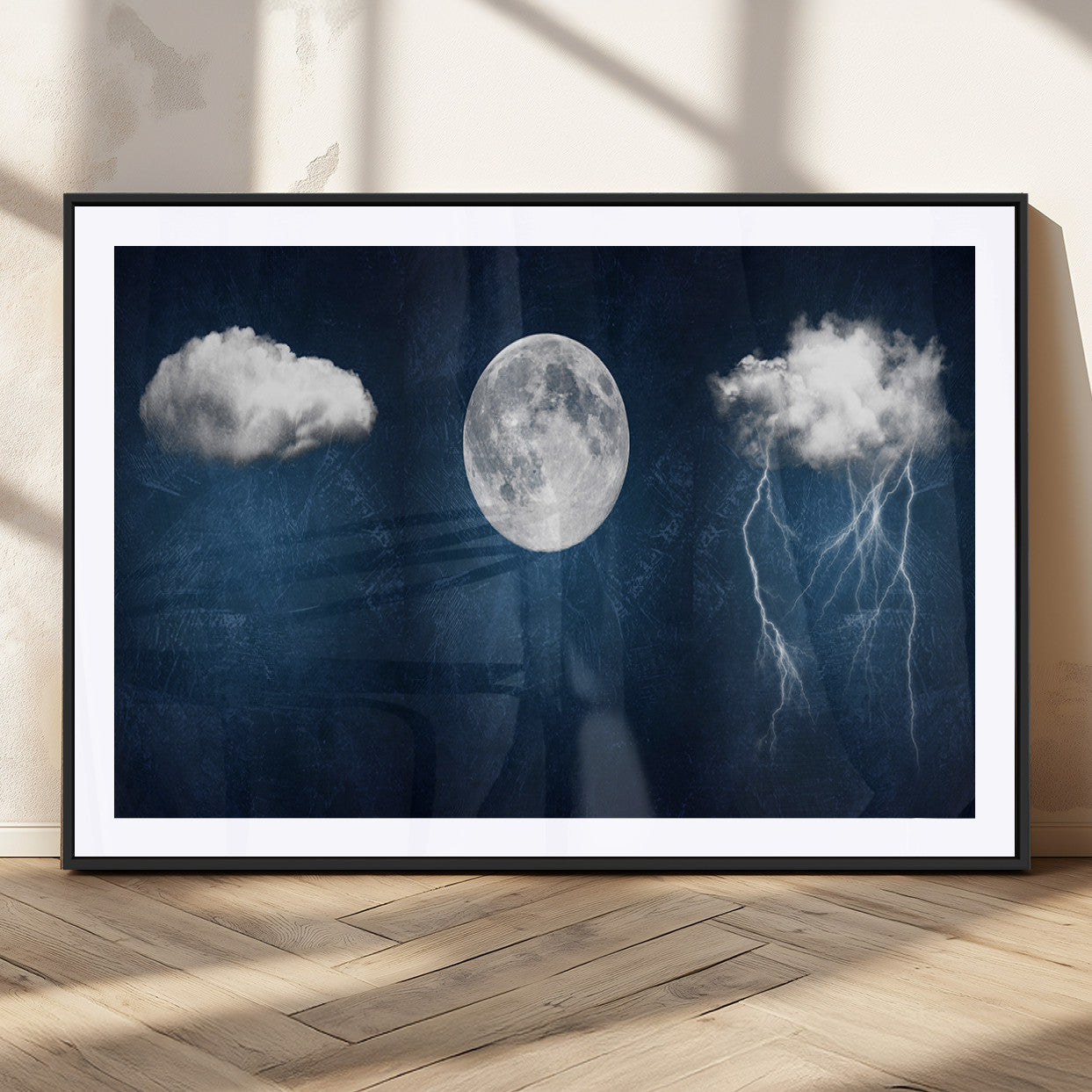 96569-MGC-FP-36x24_Black-Dark Blue Cloud Art, 3 Piece Indigo Blue Wall Art, Aesthetic Surreal Art, Thunderstorm Moon Cloud