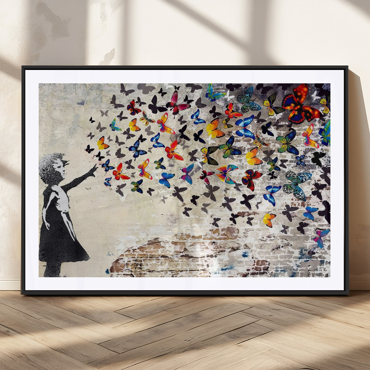 97895-MGV-CV-36X24-Banksy Graffiti Wall Art Canvas Print: Girl Releasing Vibrant Butterflies – Ready to Hang