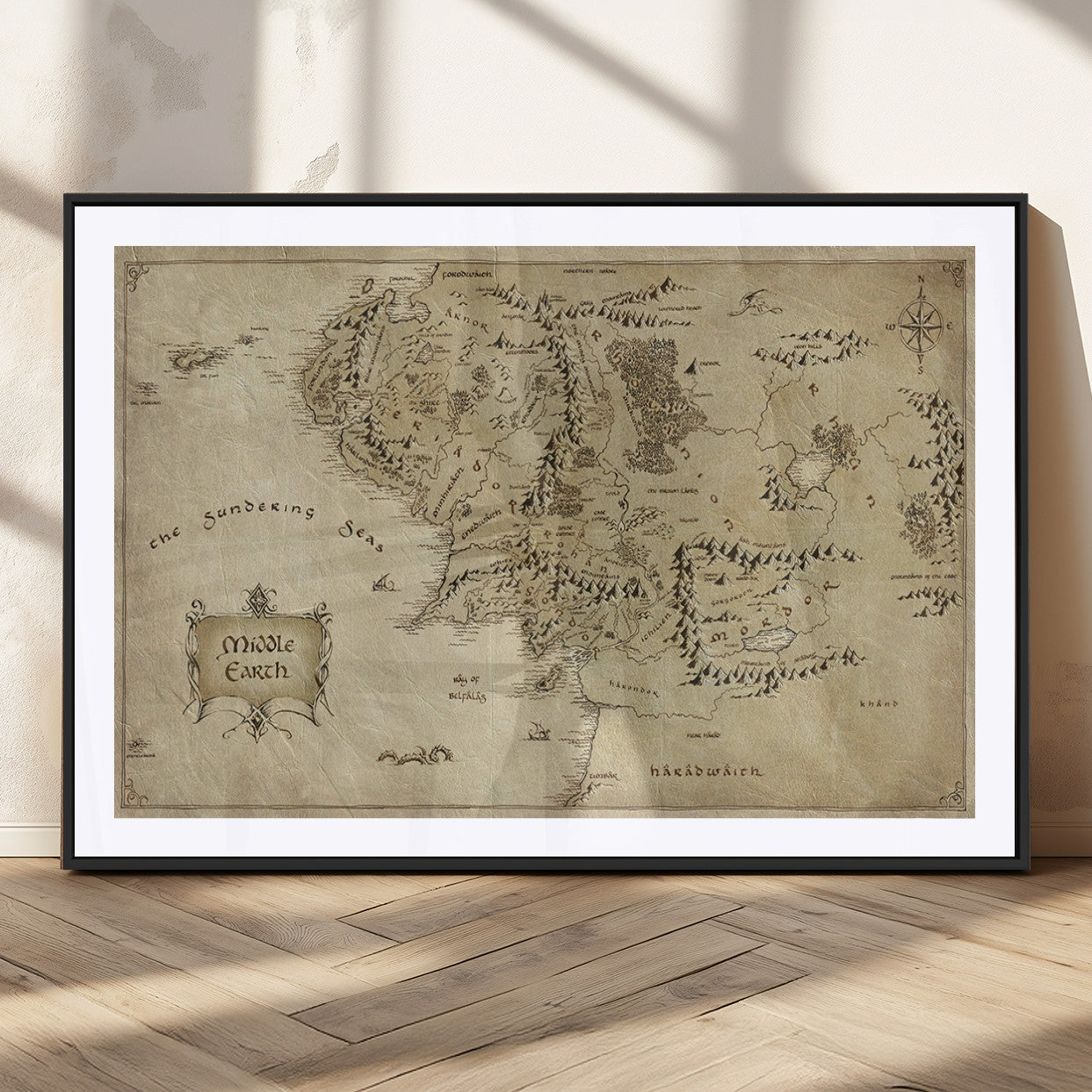21784-MGC-FP-36x24_Black-Vintage Middle Earth Map Wall Art Canvas – Lord of the Rings Inspired Framed Map Print, Classic Fantasy Decor for Home, Office