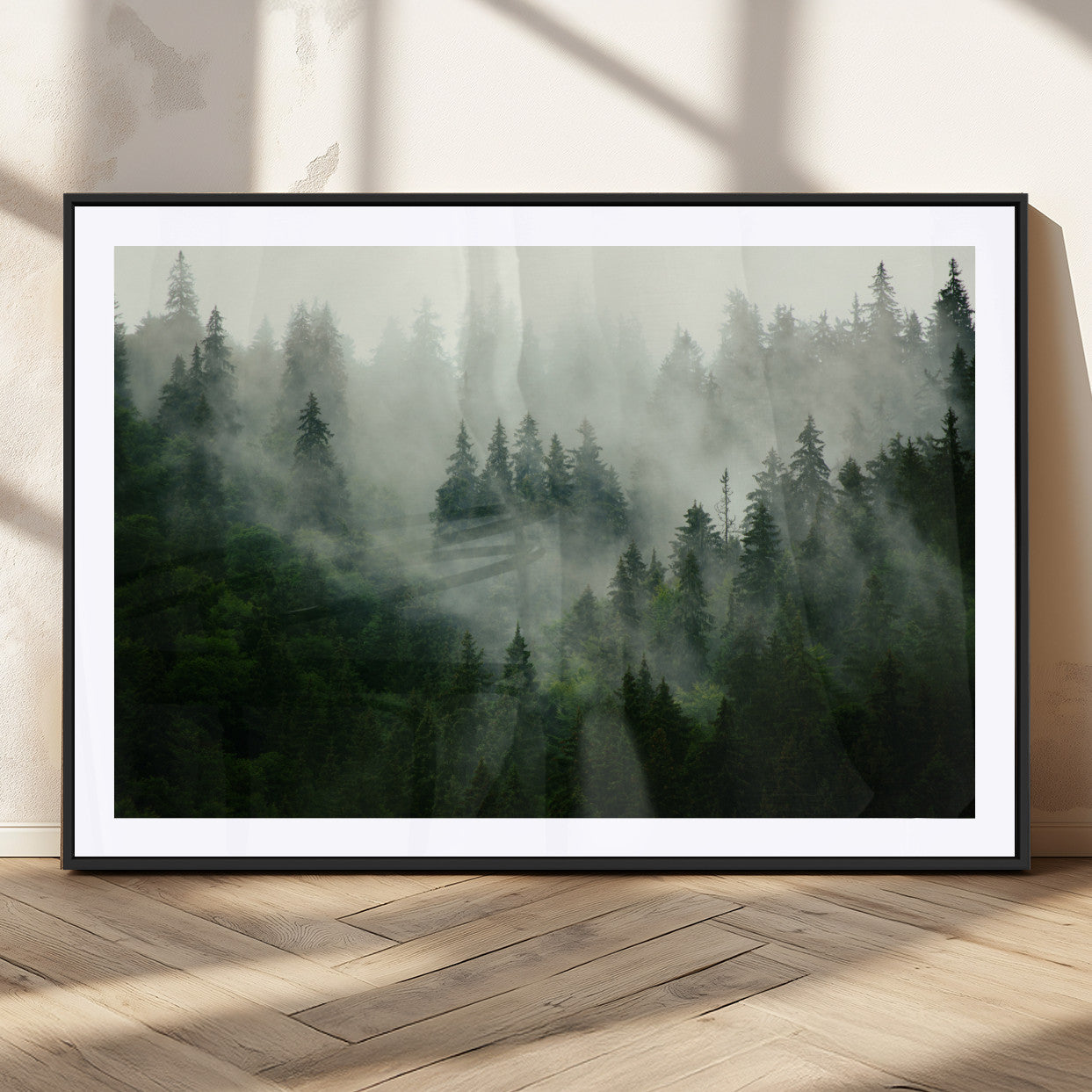 167720496-MGV-CV-36X24-Misty Forest Wall Art – Tranquil Green Woodland Canvas Print, Nature Landscape Decor for Living Room, Bedroom or Office