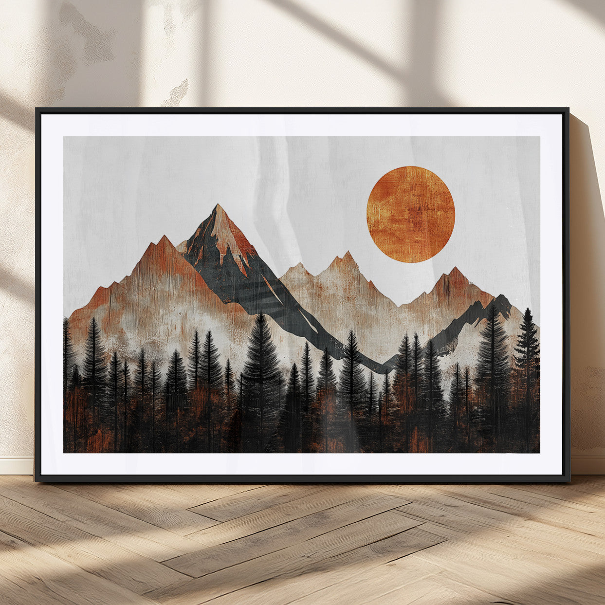 71366-MGC-FP-36x24_Black-Modern Abstract Mountain Canvas Wall Art Print, Abstract Landscape Print, Rustic Sun and Mountains