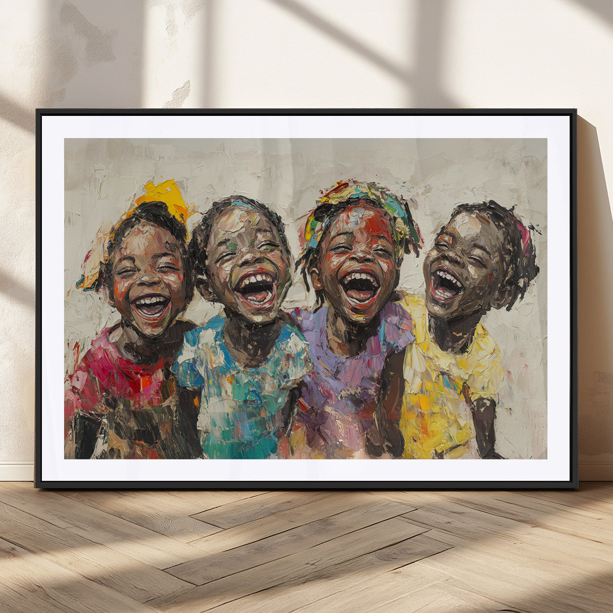 93034-MGV-CV-36X24-Shai Yossef style Joyful Childhood Canvas Wall Art - Expressive Impasto Painting of Black Children