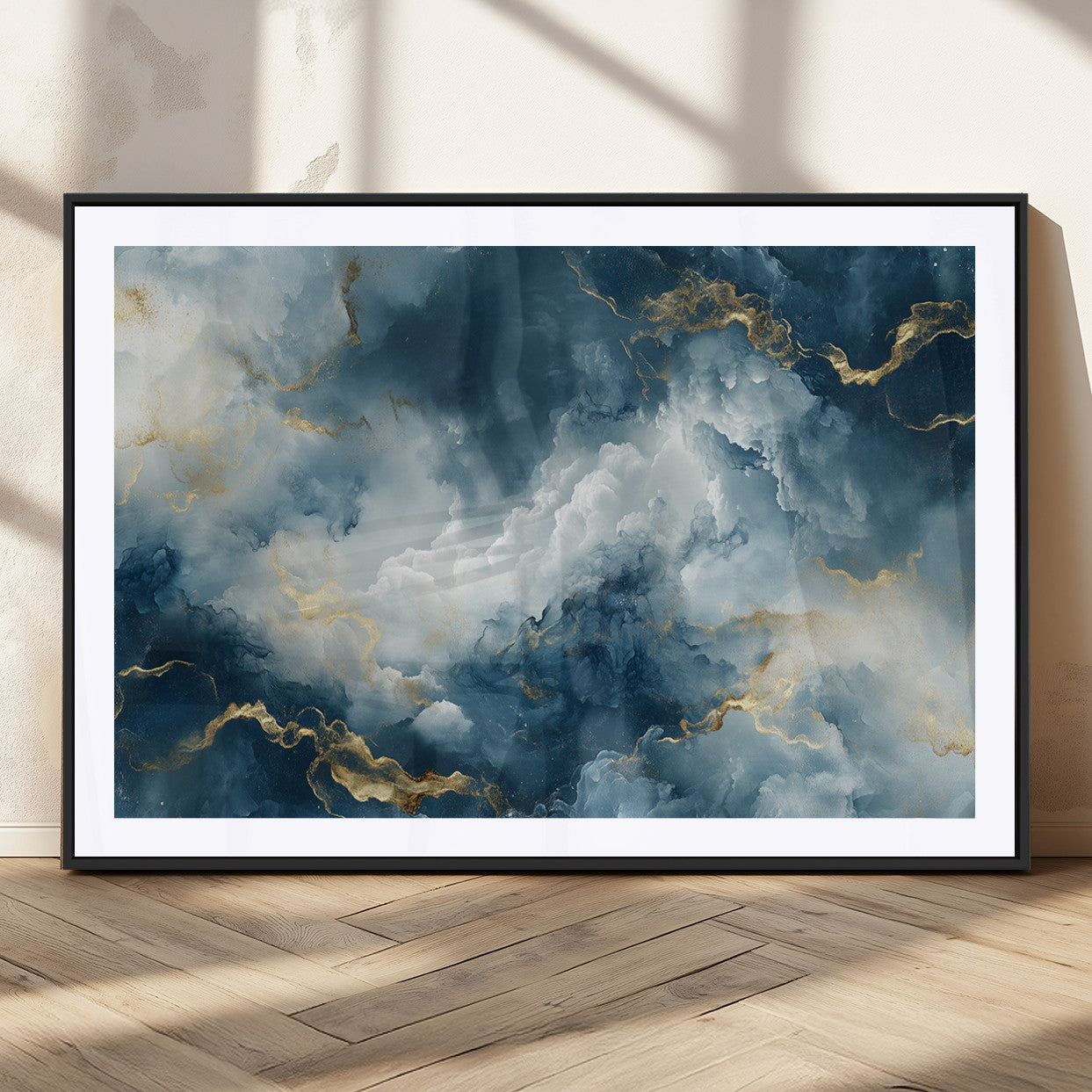 48298-MGC-FP-36x24_Black-Large Abstract Print - Luxe Blue and Gold Abstract Canvas Wall Art - Bold Cloudscape Canvas for