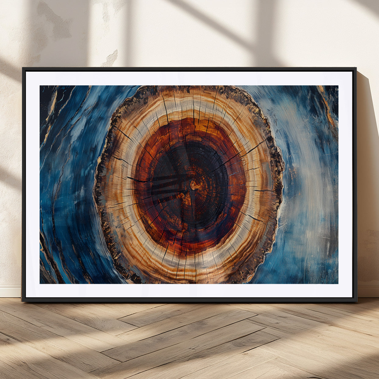 30457-MGC-FP-36x24_Black-Framed Abstract Tree Ring Wall Art Print, Natural Rustic Wood Texture Canvas Print, Wood Tree Stump