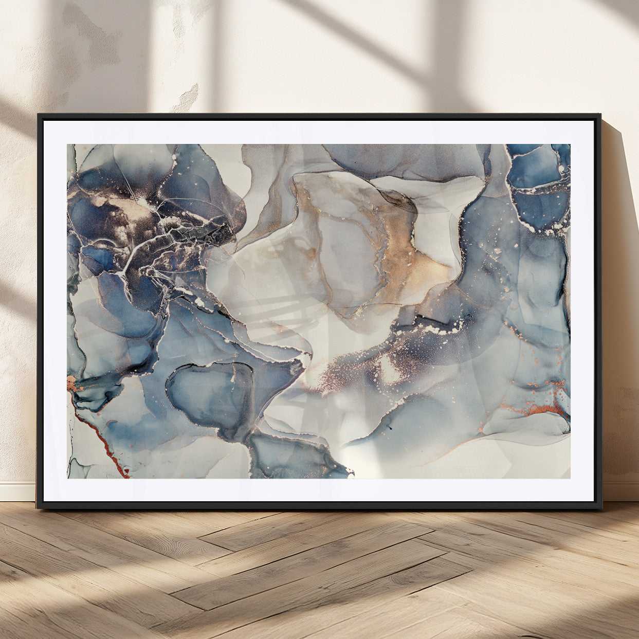 51497-MGC-FP-36x24_Black-Abstract Blue and Gold Canvas Wall Art - Fluid Modern Ink Artwork - Modern Luxury Wall Decor for