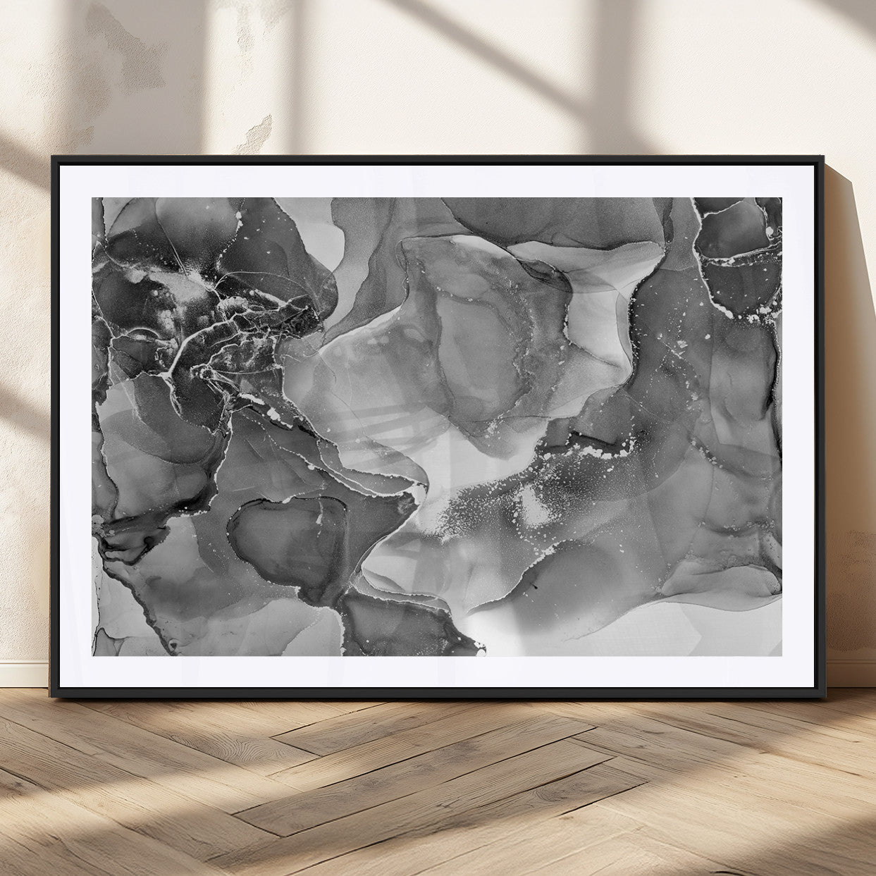 15911-MGV-CV-36X24-Black White Abstract Canvas Wall Art - Fluid Ink Artwork - Modern Luxury Wall Decor for Contemporary