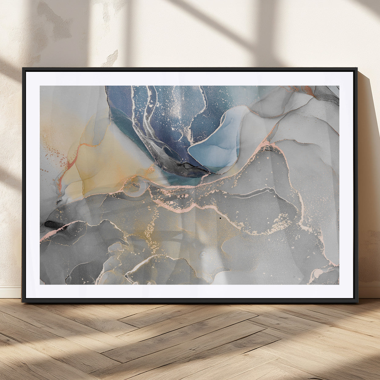 18176-MGC-FP-36x24_Black-Large Abstract Blue and Gold Canvas Wall Art | Fluid Ink Artwork Print | Luxury Wall Decor for