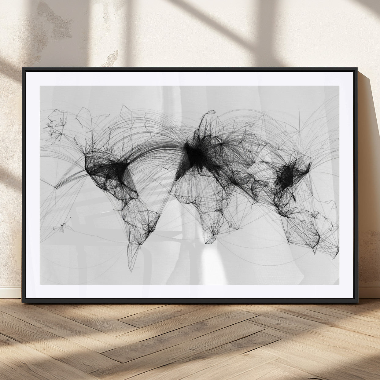 50136-MGC-FP-36x24_Black-Abstract World Map Wall Art – Framed Geometric Line Canvas Artwork, Modern Global Design, Contemporary Decor for Home, Office