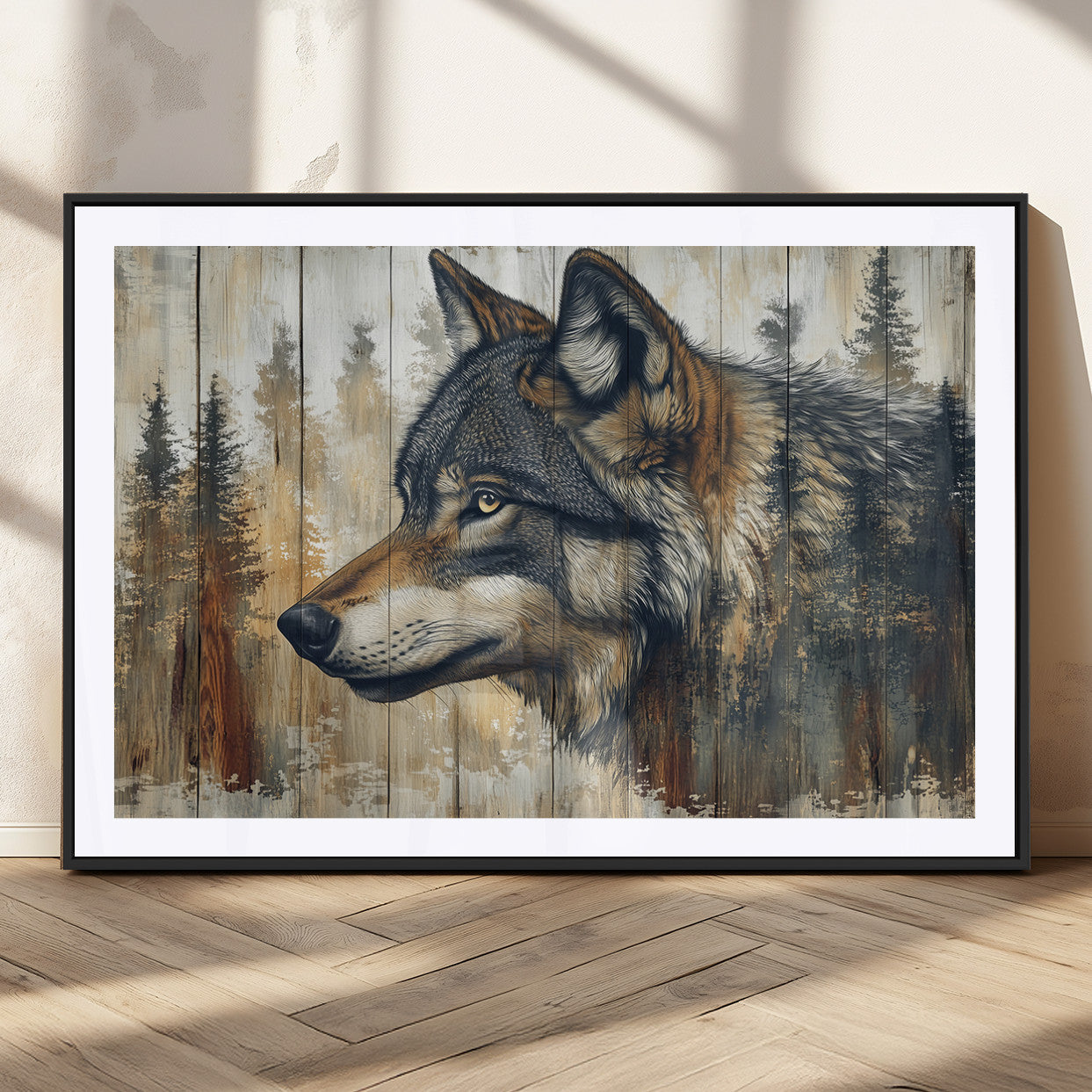 91882-MGC-FP-36x24_Black-Rustic Wolf Wall Art Canvas Print, Vintage Woodland Wolf Wall Art