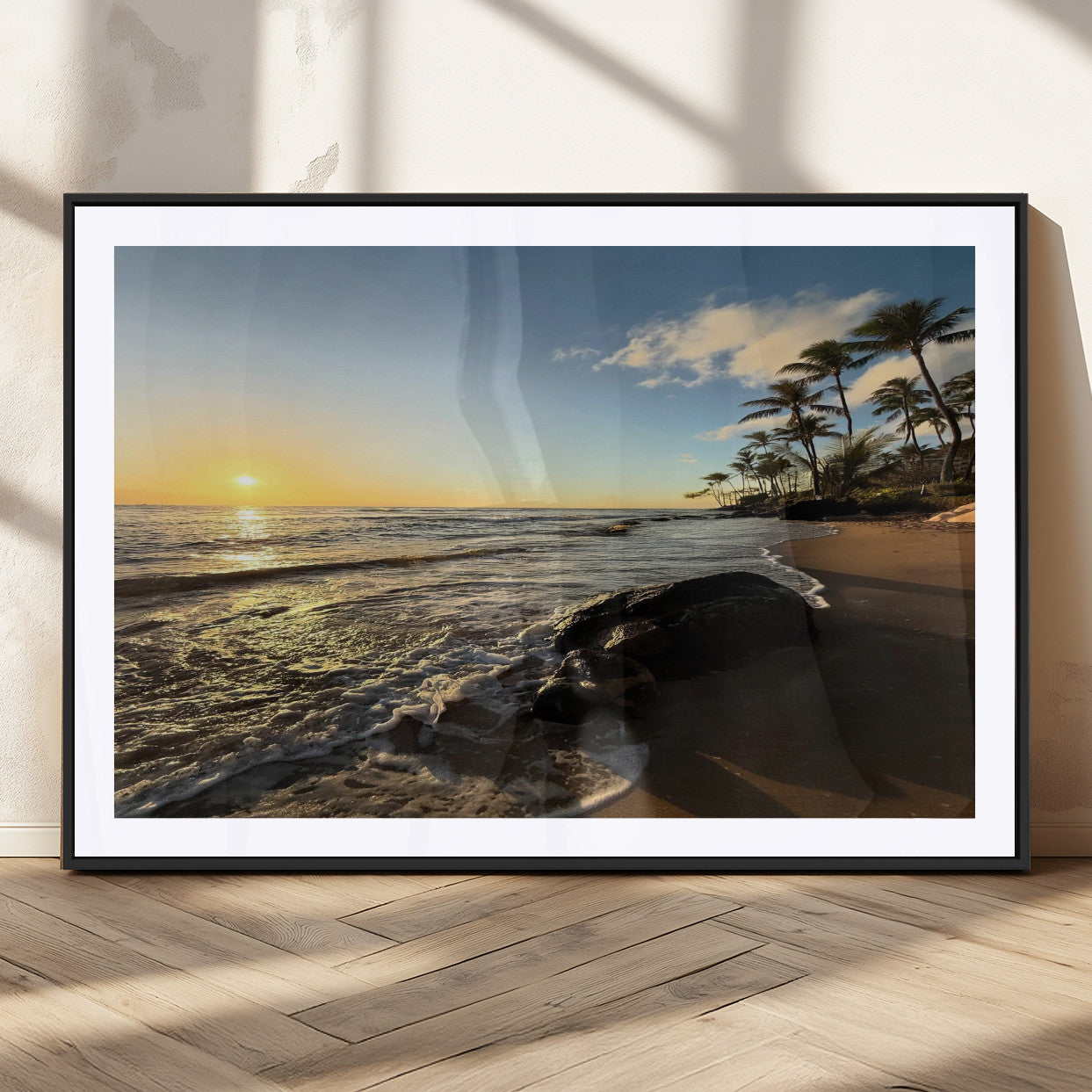 Nadir2-MGC-FP-36x24_Black-Tropical Beach Wall Art - Stunning Ocean Sunset Canvas Print with Palm Tree Design for Relaxing and