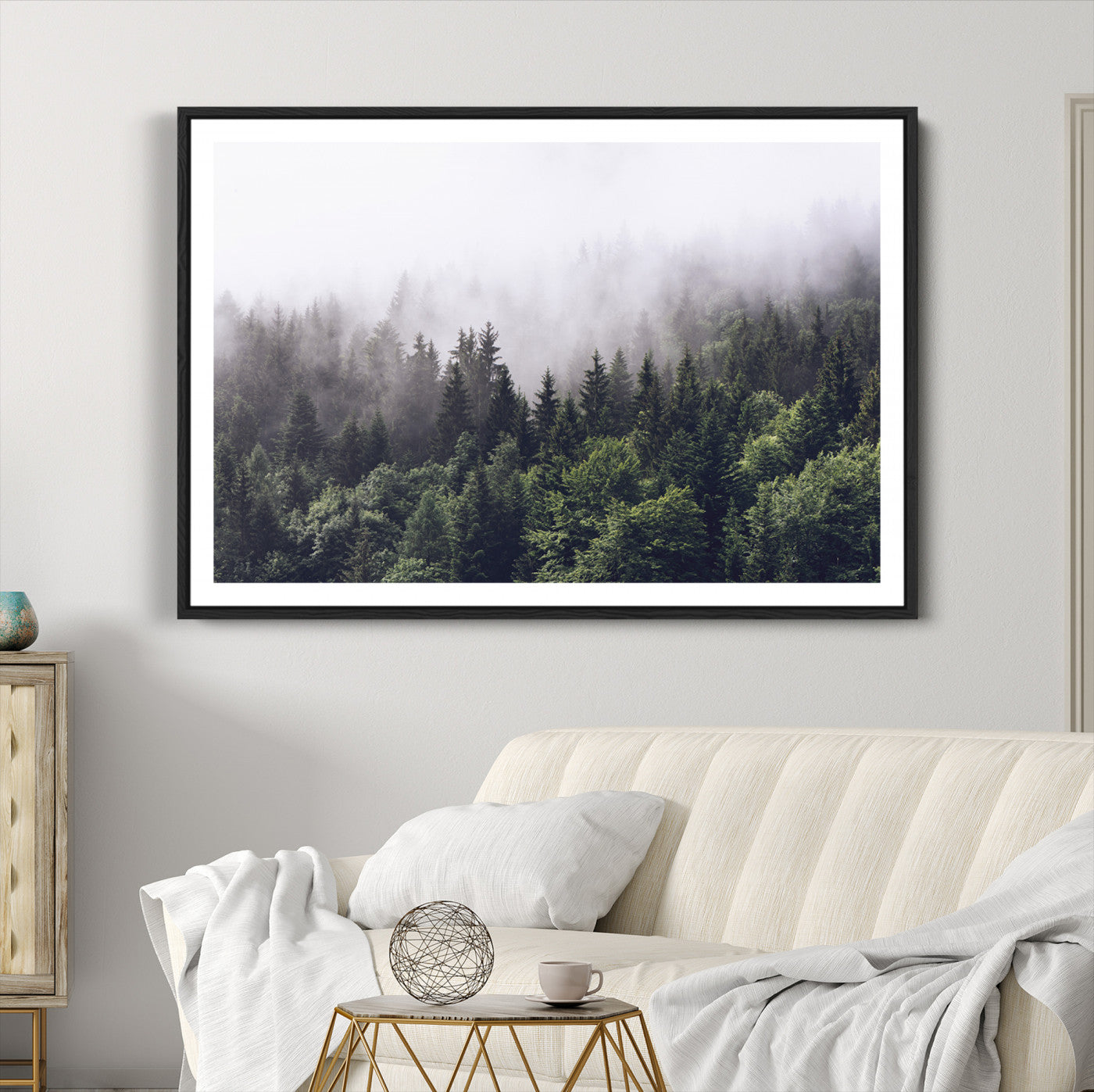 62890402-MGC-FP-36x24-Misty Forest Wall Art Canvas Print, Framed Foggy Pines Art Picture Print, Pine Valley Perfect Moody
