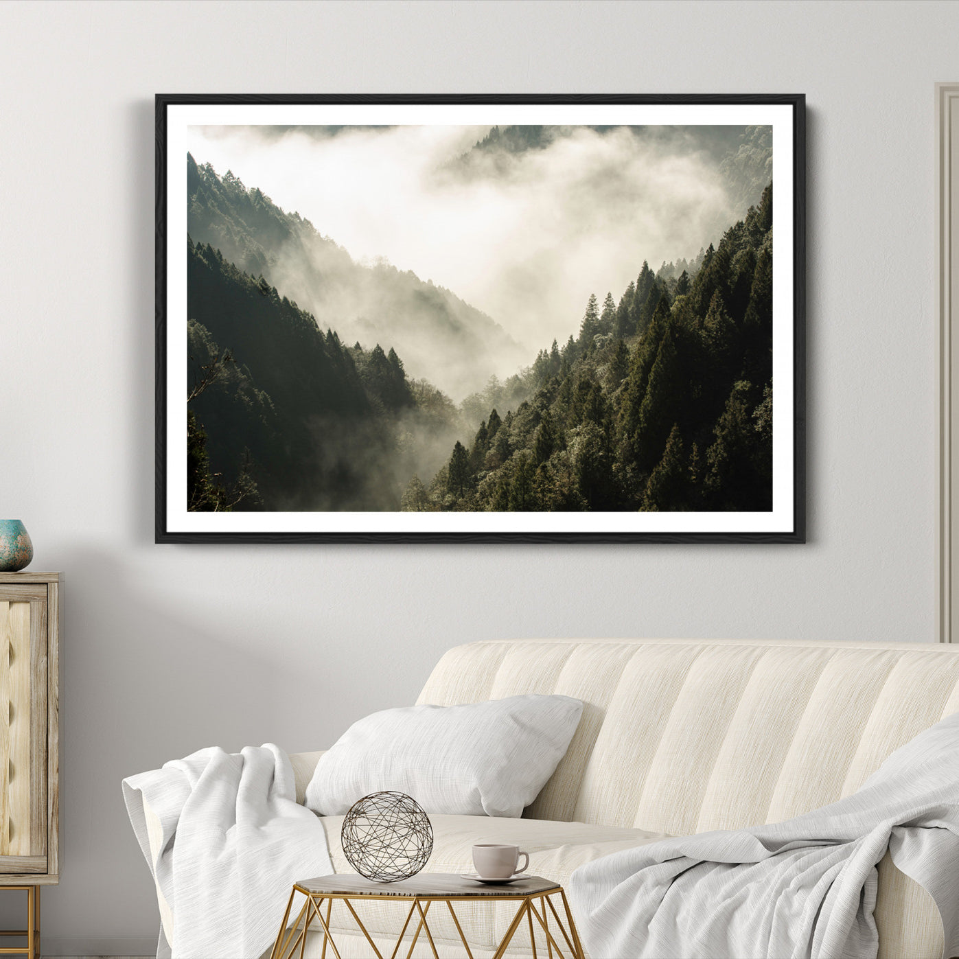 57570237-MGC-FP-36x24-Misty Valley Canvas Print, Framed Foggy Forest Art Picture Print, Pine Trees Perfect Moody Woodland