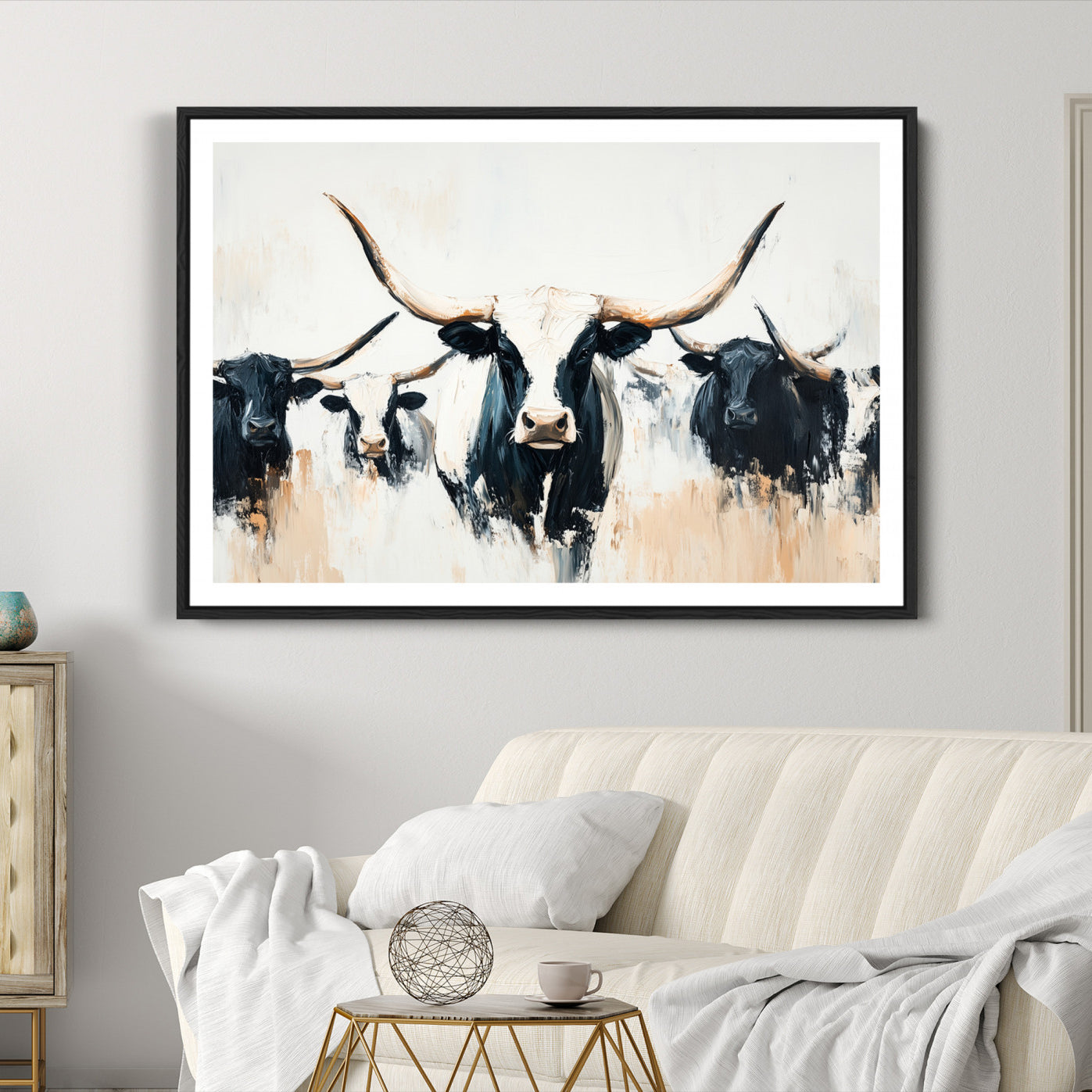94780606-MGC-FP-36x24-Texas Longhorn Wall Art Canvas Print, Framed Western Cattle Art Picture Print, Horned Bull Perfect