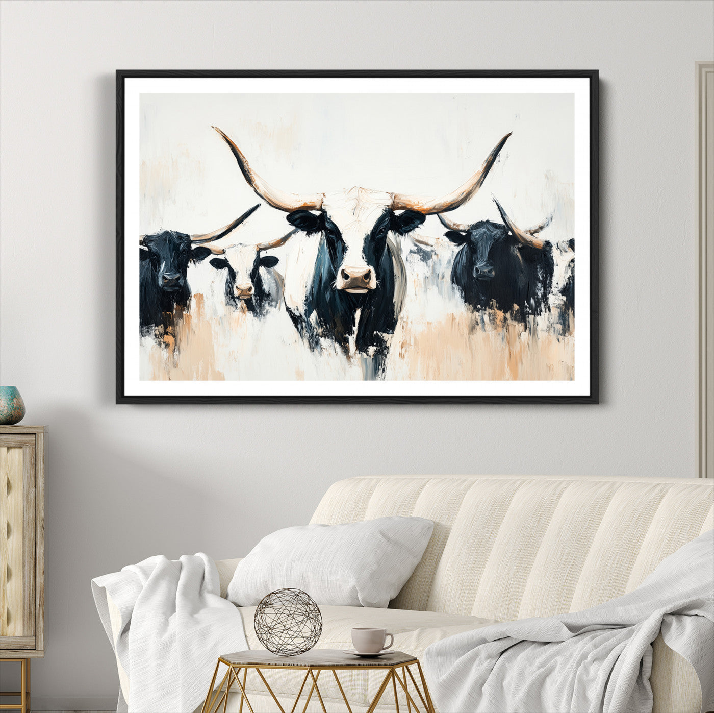 94780606-MGC-FP-36x24-Texas Longhorn Wall Art Canvas Print, Framed Western Cattle Art Picture Print, Horned Bull Perfect