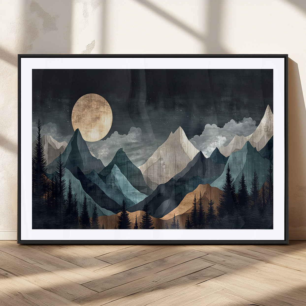 11060882-MGV-CV-36X24-Moonlit Mountain Wall Art Canvas Print – Silhouetted Pines Layered Peaks Tranquil Sky Mist Silver Light Nature Artwork for Home
