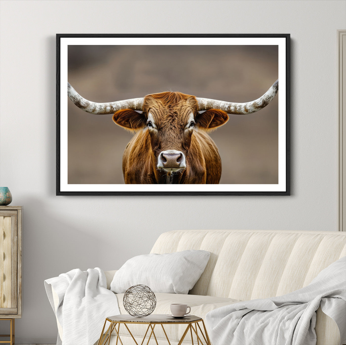 12179171-MGC-FP-36x24-Texas Longhorn Wall Art Canvas Print – Brown Bull Rustic Ranch Western Cattle Nature Artwork for Home Office
