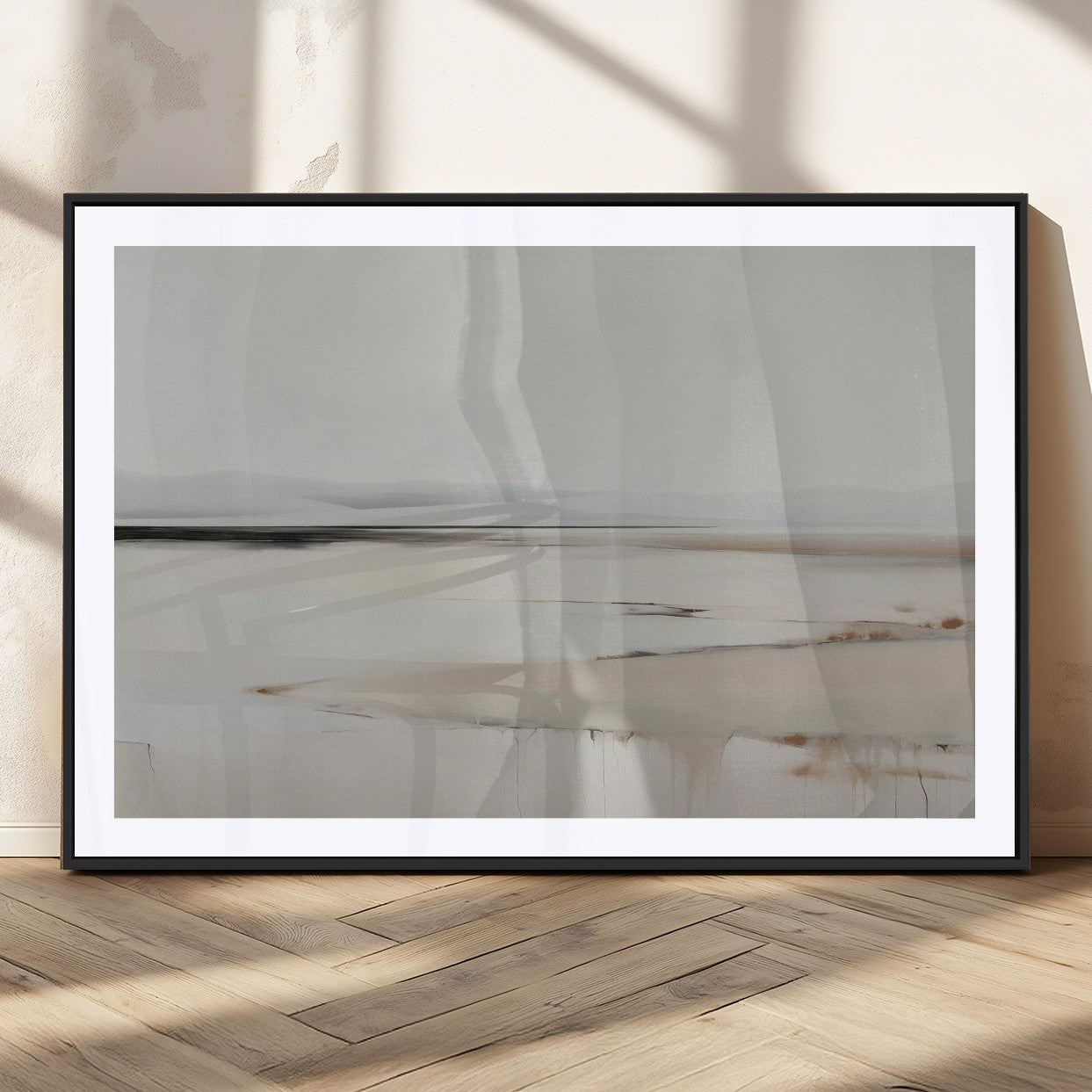 89410095-MGV-CV-36X24-Minimalist Landscape Wall Art Canvas Print – Framed Soft Horizon Abstract Seascape Earthy Tones Artwork for Home Office