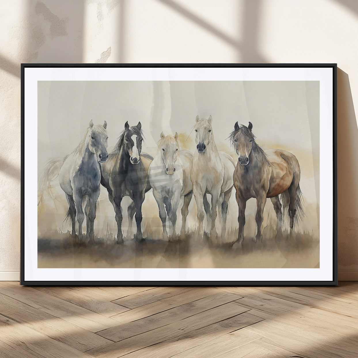 MGC-FP-36x24 - Wild Horses Wall Art Canvas Print, Framed Running Horses Art Picture Print, Watercolor Horses Perfect Rustic Western Decor Artwork