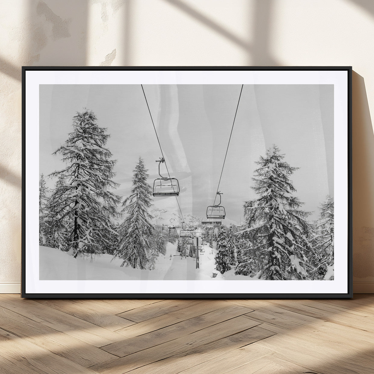 55003599-MGV-CV-36X24-Snowy Ski Lift Wall Art – Framed Winter Forest Canvas Artwork, Peaceful Mountain Design, Modern Nature Decor for Home, Office