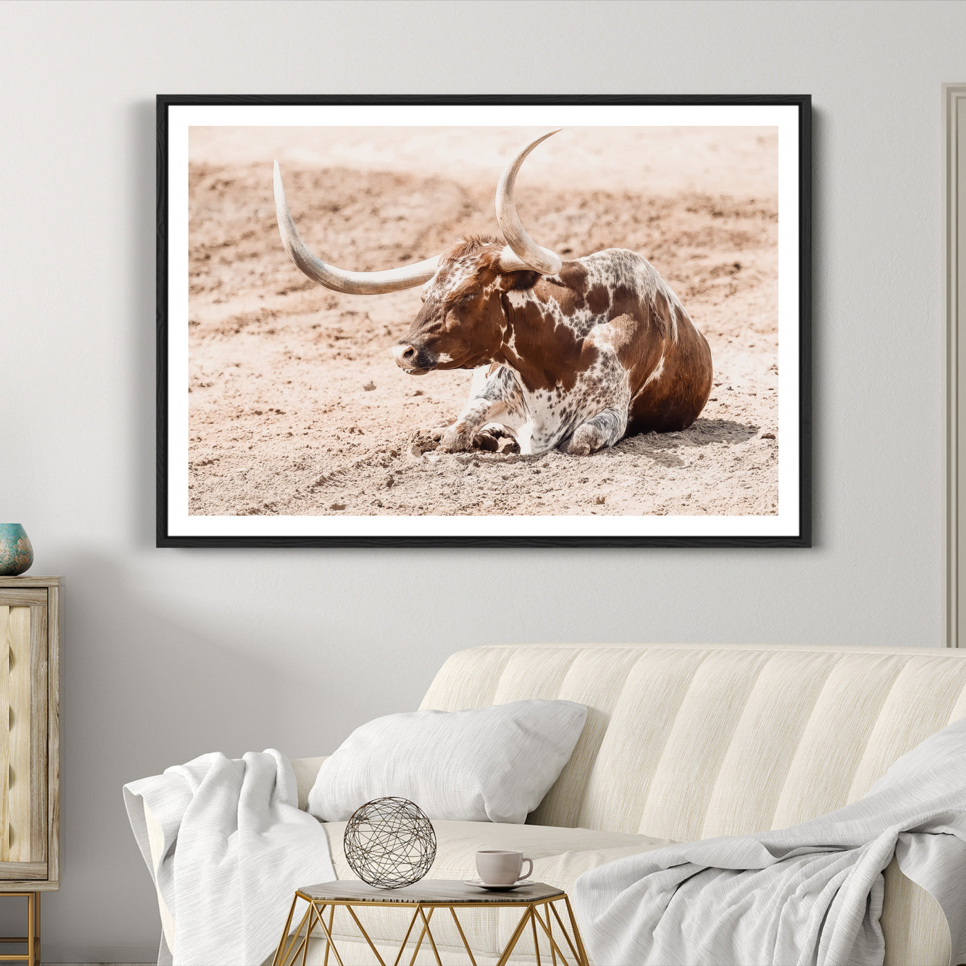 91248682-MGC-FP-36x24-Texas Longhorn Wall Art Canvas Print, Framed Resting Bull Art Picture Print, Spotted Cattle Perfect