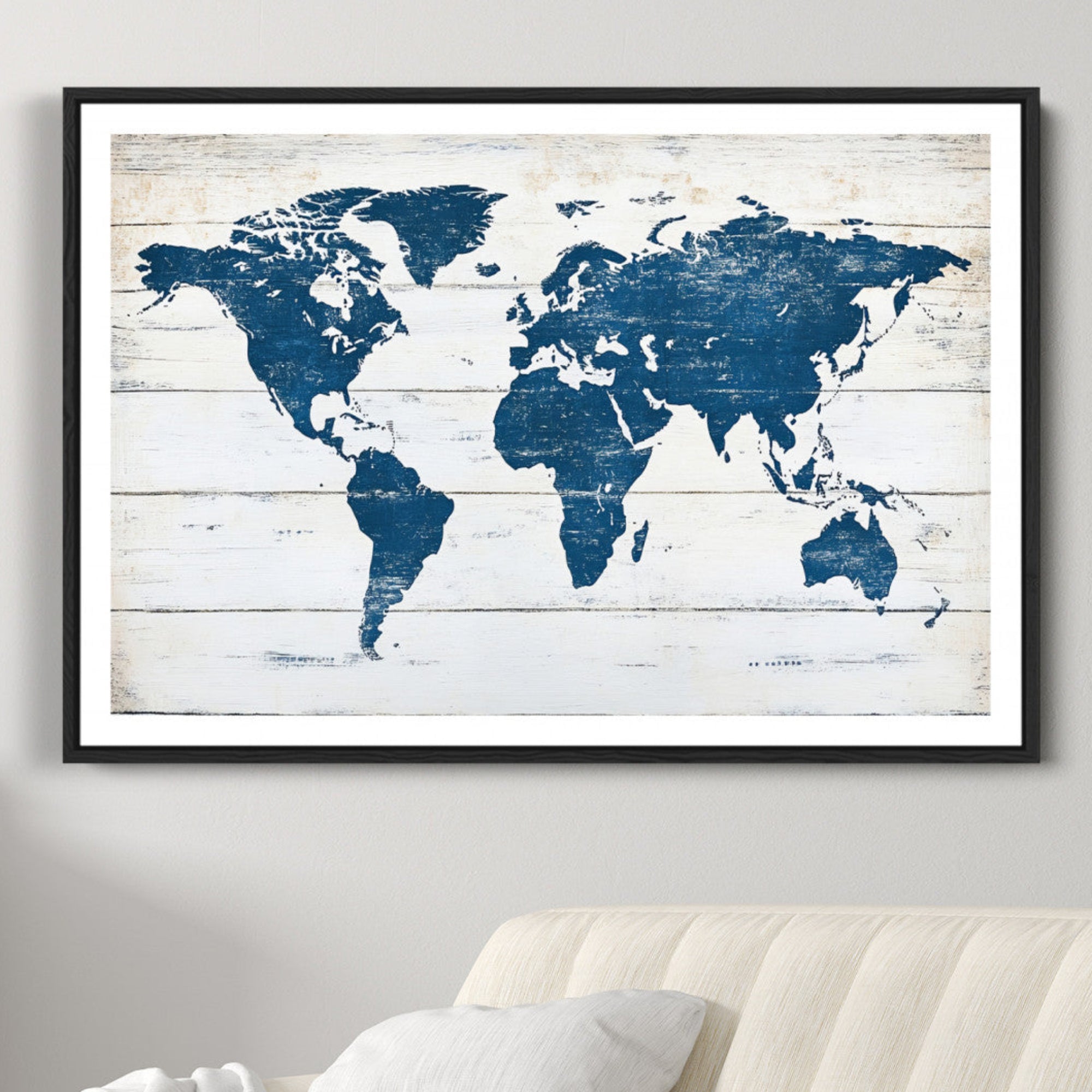 54107201-MGC-FP-36x24-Framed Push Pin World Map Canvas Print – Rustic Blue Wall Art for Home and Office Decor, Travel Map Gift