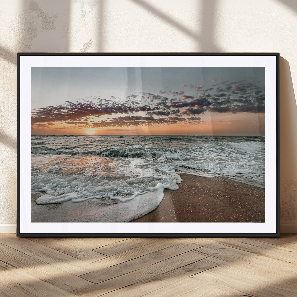 40632752-MGC-FP-36x24_Black-Ocean Sunset Wall Art Canvas Print – Framed Beach Waves Scene with Coastal Artwork for Home, Office, Living Room