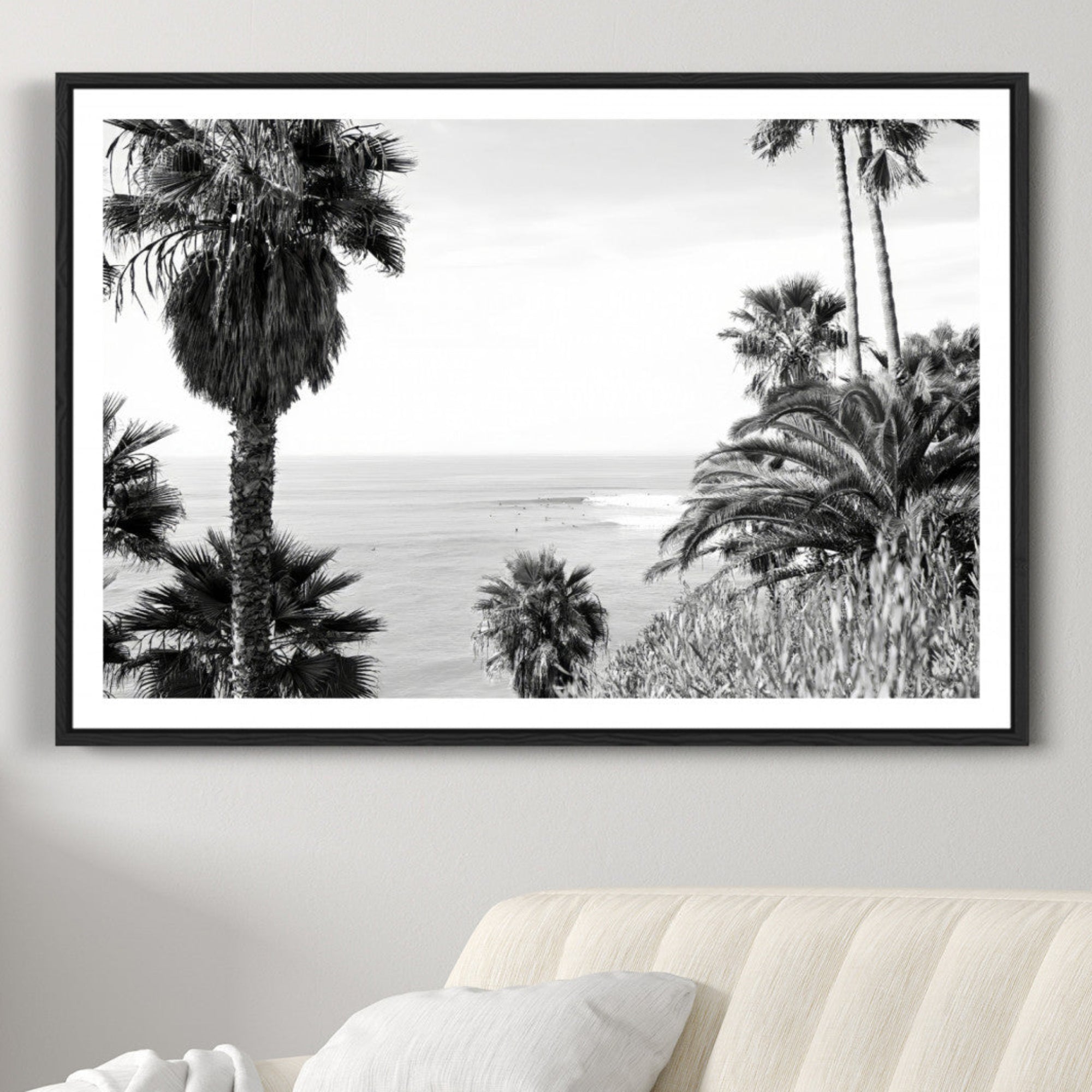 89458520-MGC-FP-36x24-Palm Trees Wall Art Canvas Print – Framed Coastal Ocean Horizon Monochrome Tropical Landscape Artwork for Home Office