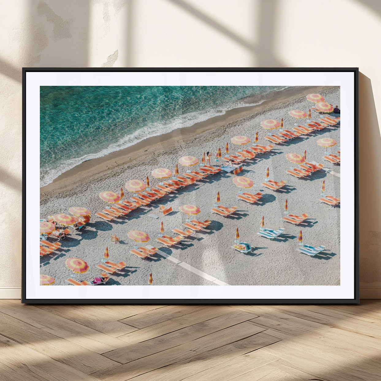 27805351-MGV-CV-36X24 - Beach Umbrellas Wall Art – Orange Loungers & Turquoise Water Canvas Print, Sandy Shore and Summer Vibes