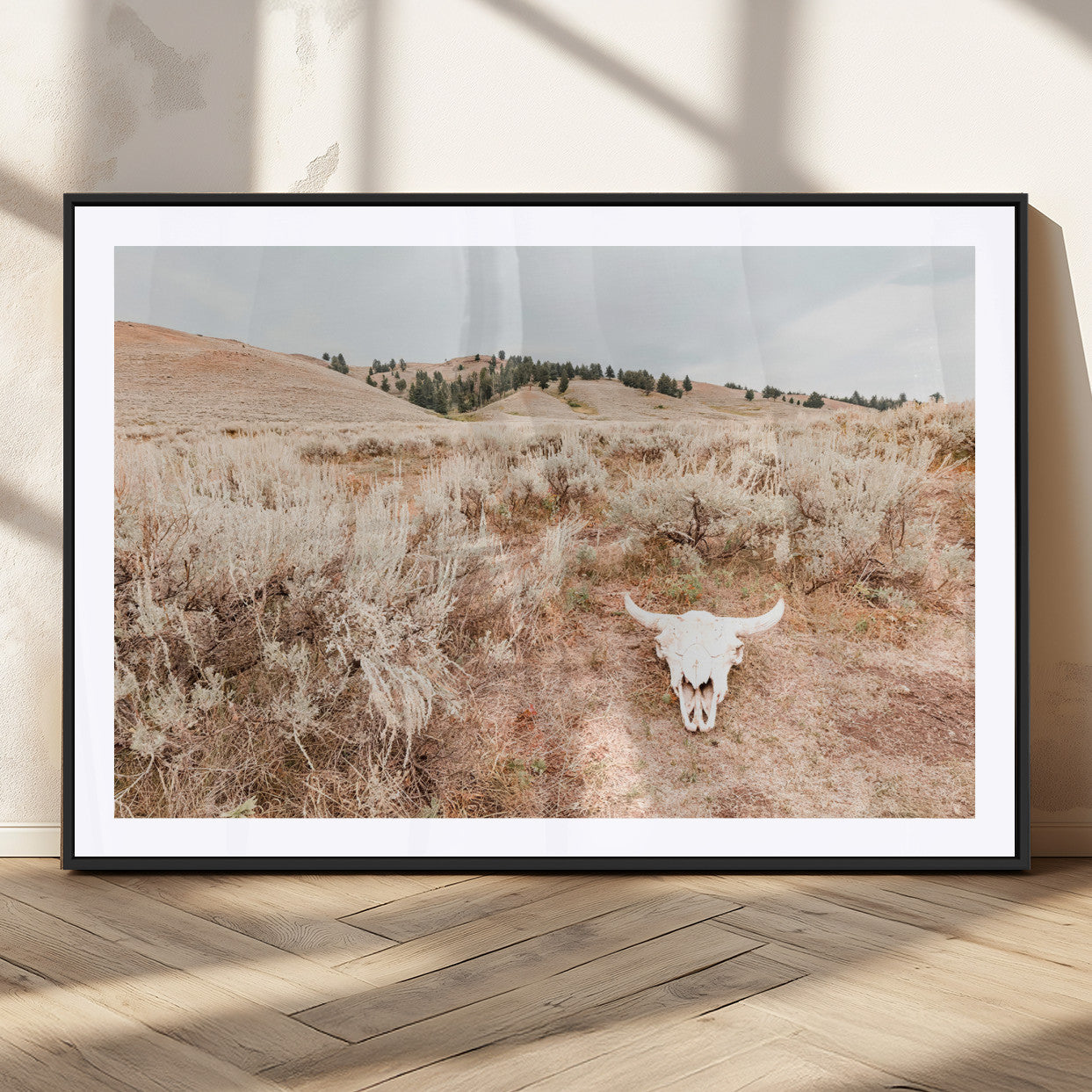 97234735-MGV-CV-36X24 - Desert Skull Wall Art – Arid Landscape & Sagebrush Canvas Print, Rustic Nature and Earth Tones for Living Room or Minimalist Decor