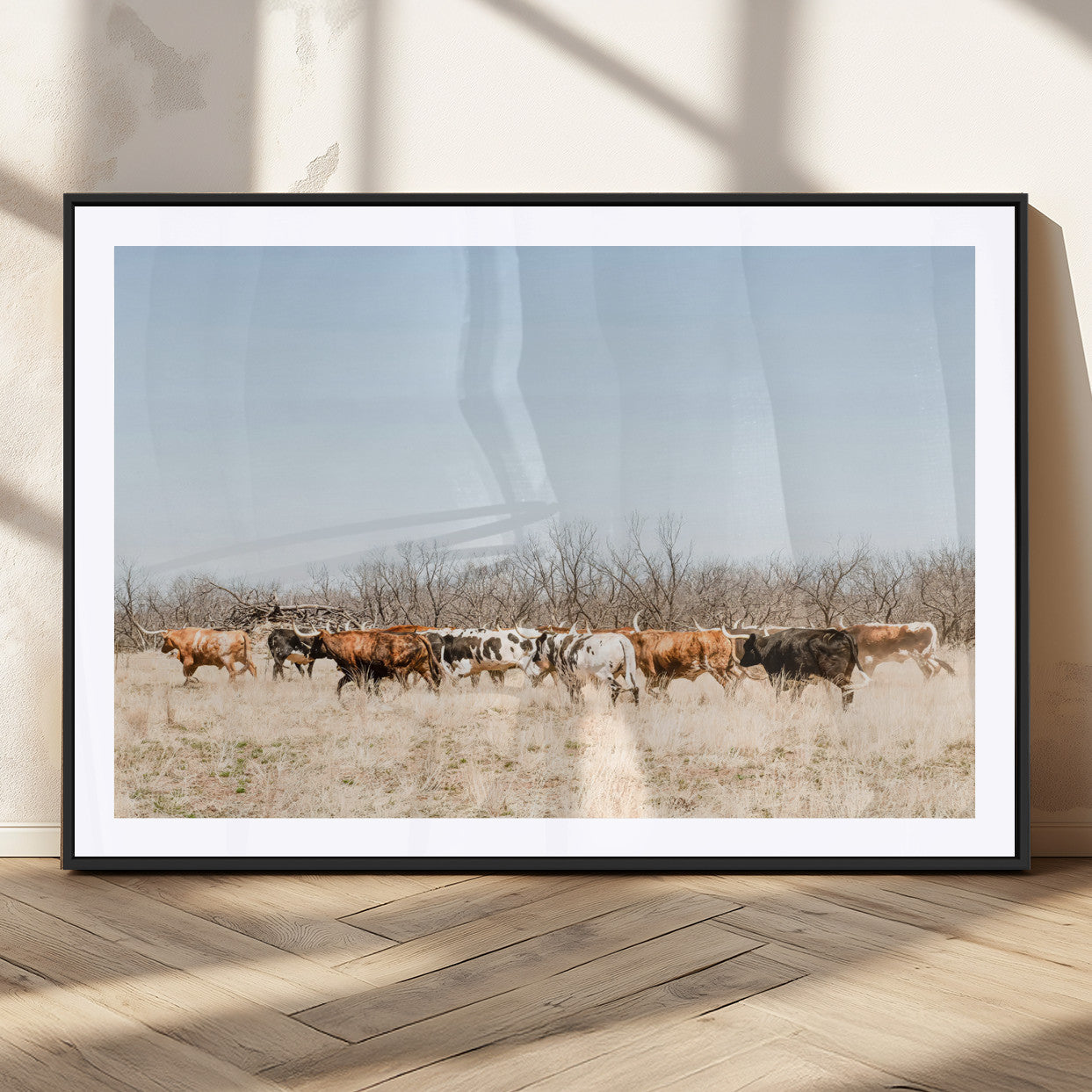 16563092-MGV-CV-36X24-Texas Longhorns Wall Art Canvas Print – Framed Western Cattle Rustic Herd Farmhouse Country Animal Artwork for Home Office
